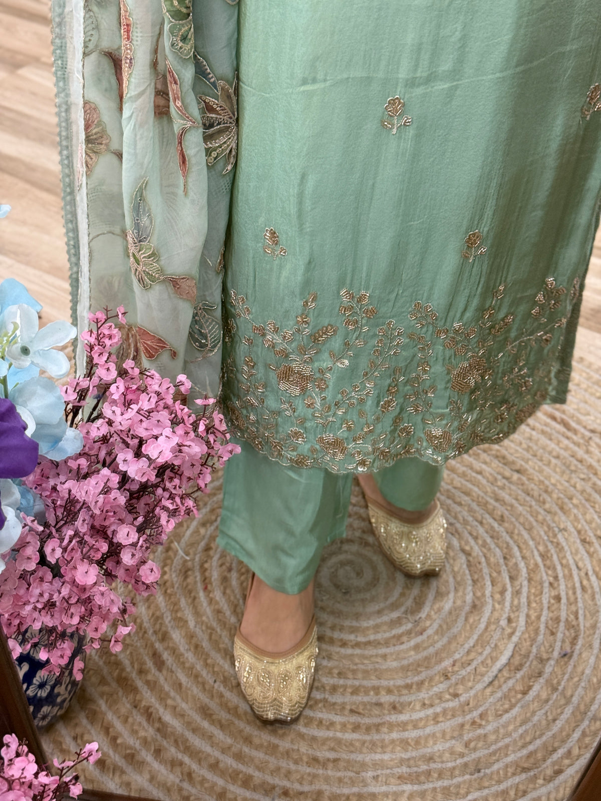 Pista Green Suit set | With cotton lining| Hand Embroidered Kurta| Embroidered Organza Duppata | Crepe