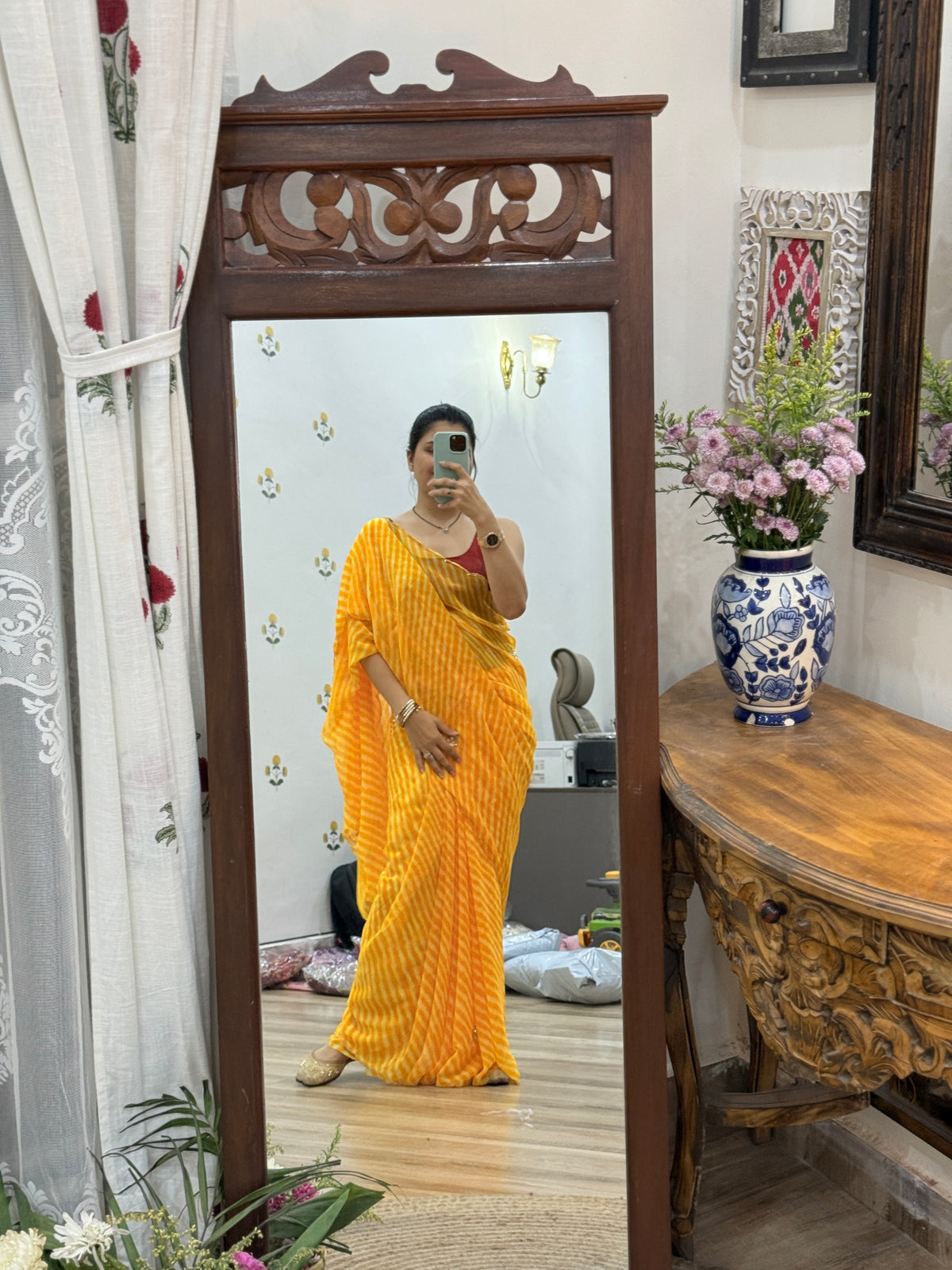 Mustard Yellow |Pure Georgette Digital Printed Saree| Handwork cutdana detailing| Without blouse