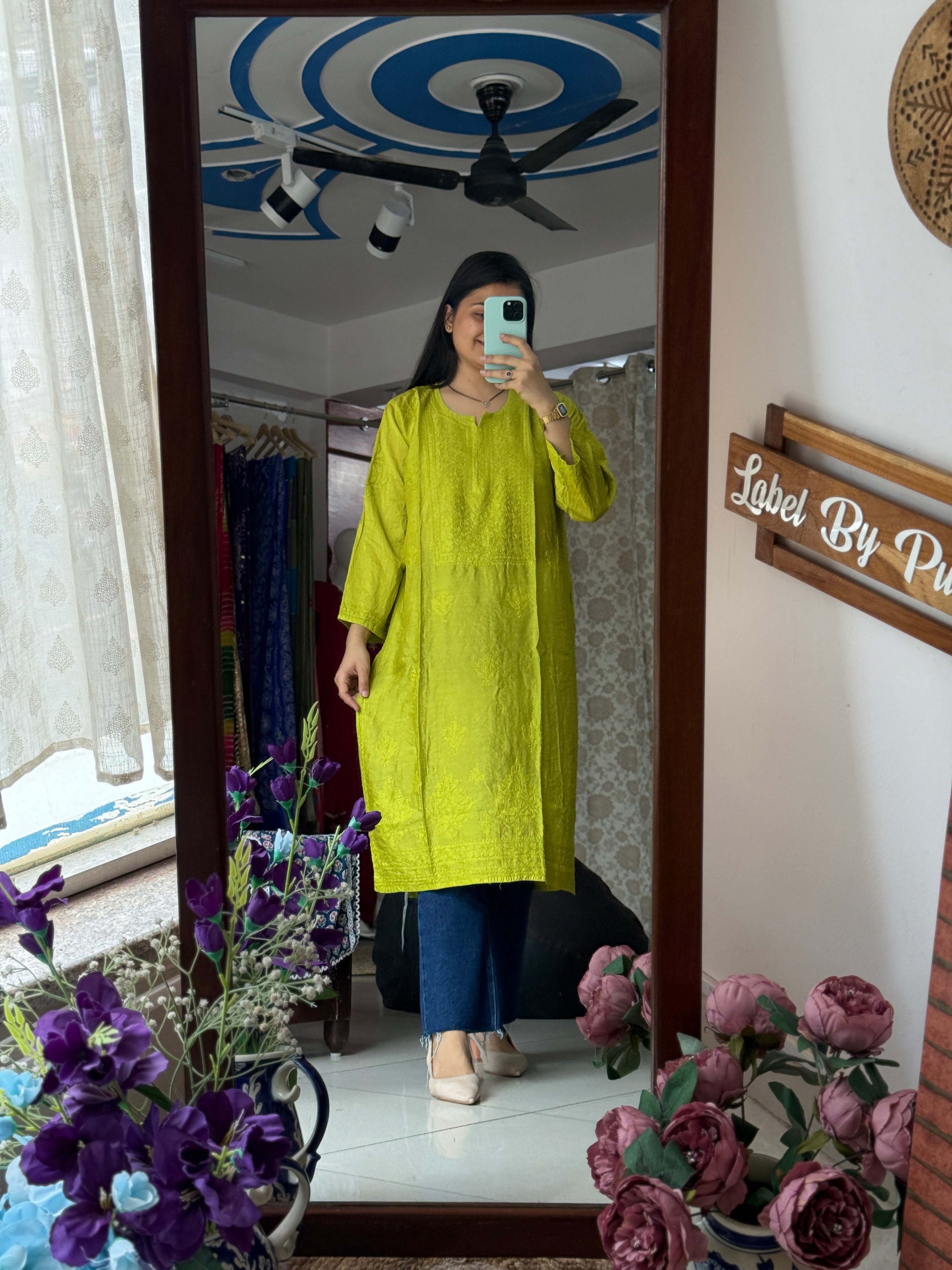 Light Green Mul Chanderi Kurta| Chikankari Work|Hand Embroidery| Partywear Kurta