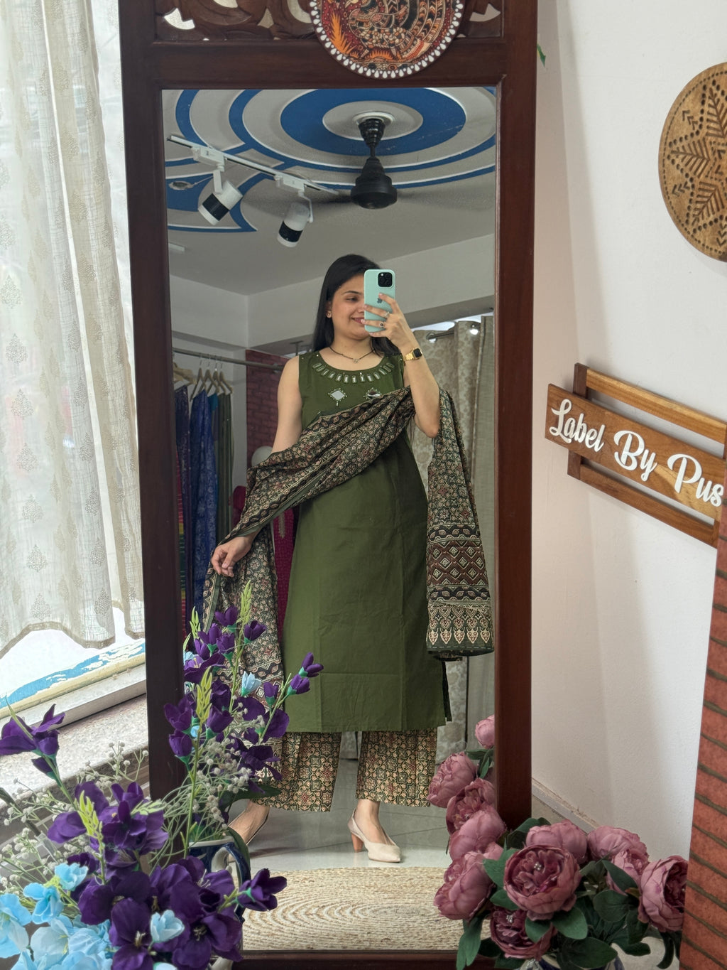 Green Ajrakh Sleeveless Suit Set