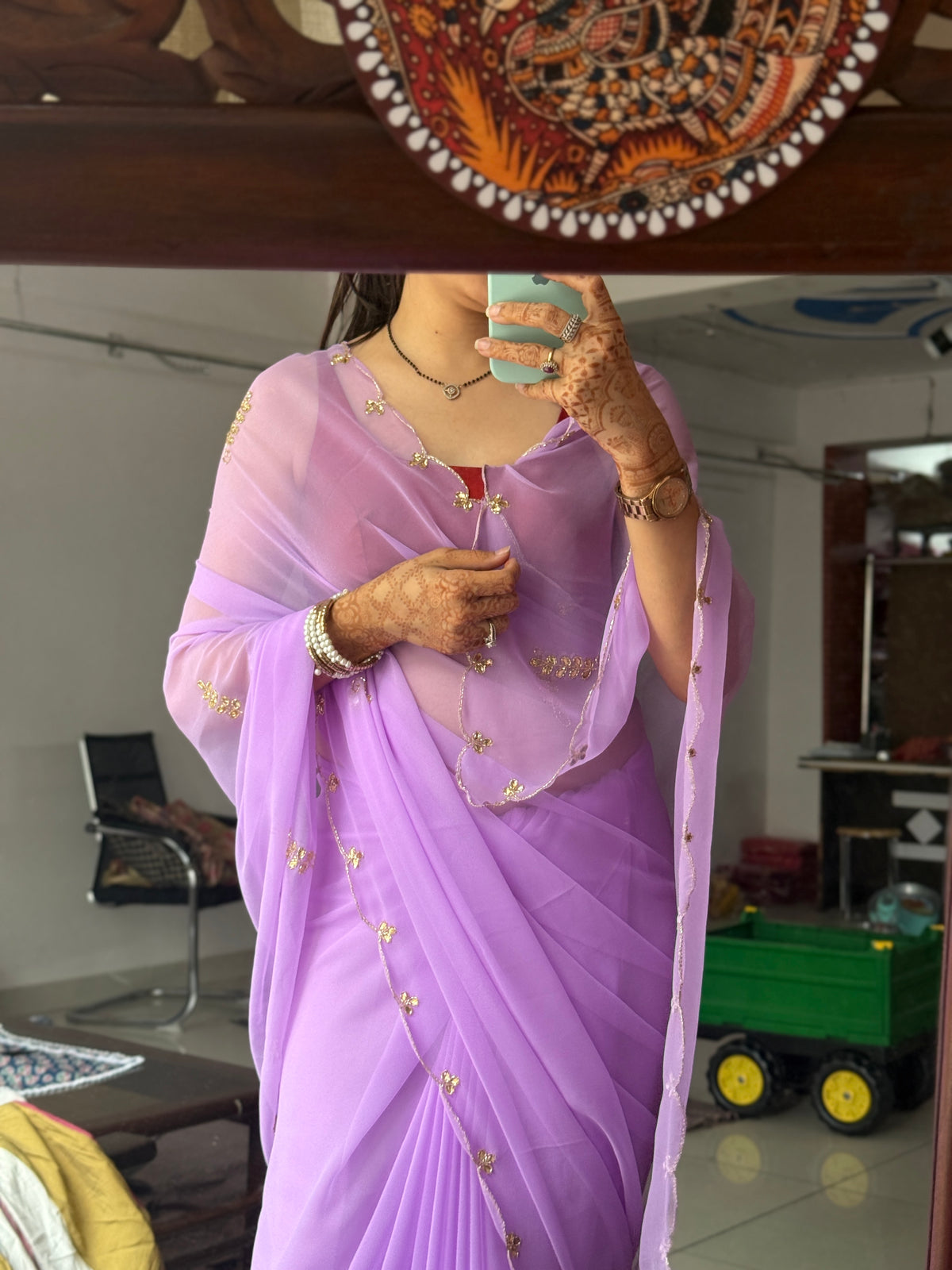 Lilac Pure Georgette Saree| Handwork cutdana detailing| With blouse