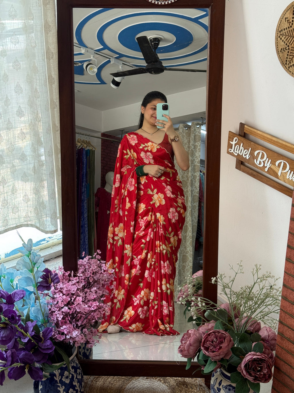 Red cutdana Saree|  scallop border| With blouse| Crepe Fabric| Heavy hand embroidery on pallu & pleates