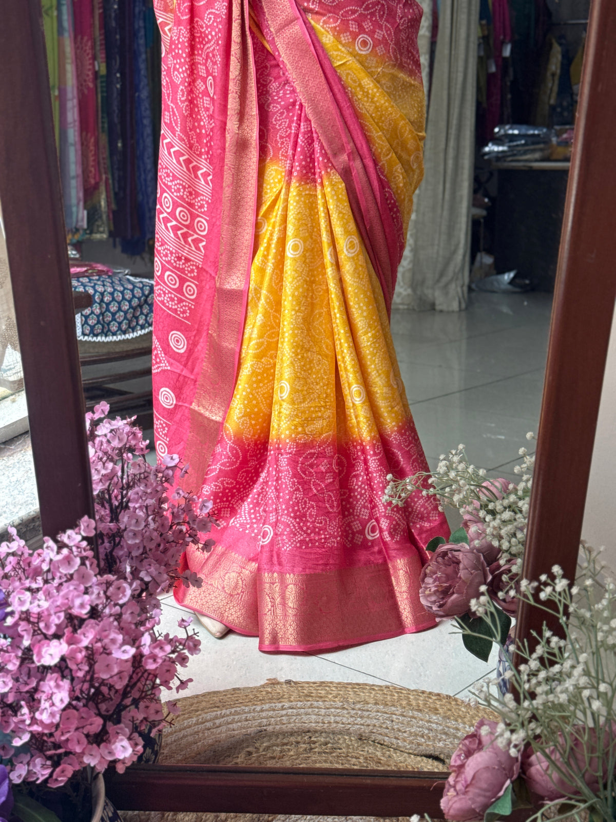 Pink Yellow Bandhani Saree|  Woven border on both sides| With blouse| Self weave dola silk