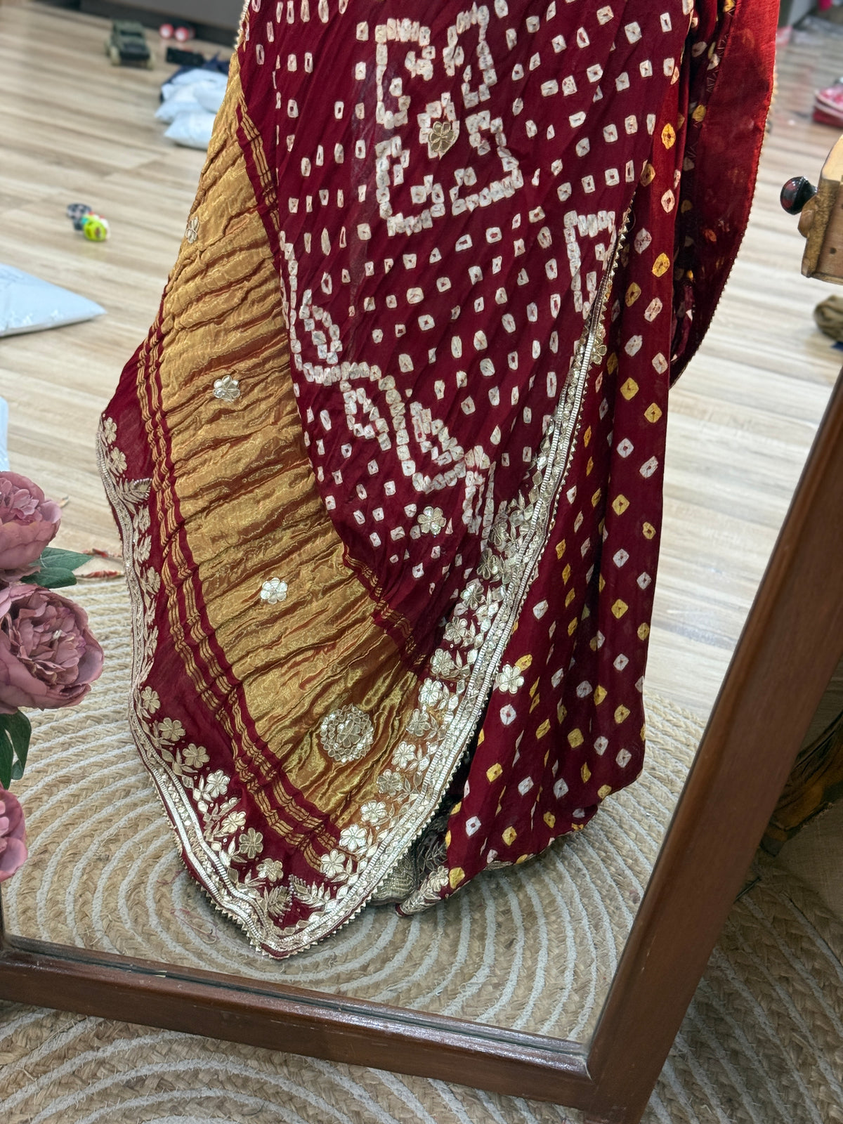 Maroon Pink Pure Gaji Silk Bandhani Saree with Gotta Patti Handwork|Comes with blouse | Premium Handwork Saree
