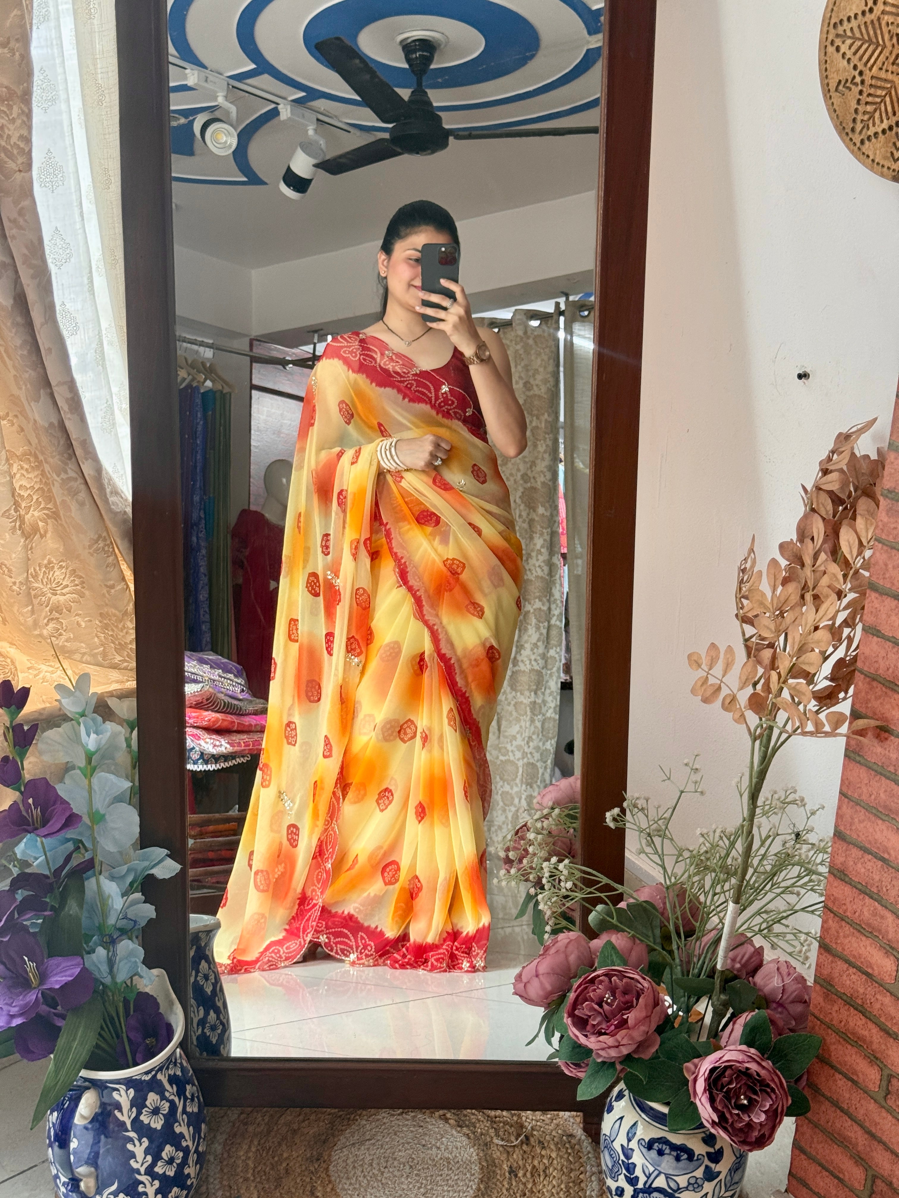 Red Yellow Phaag |Pure Georgette Digital Printed Saree| Handwork cutdana detailing| Without blouse