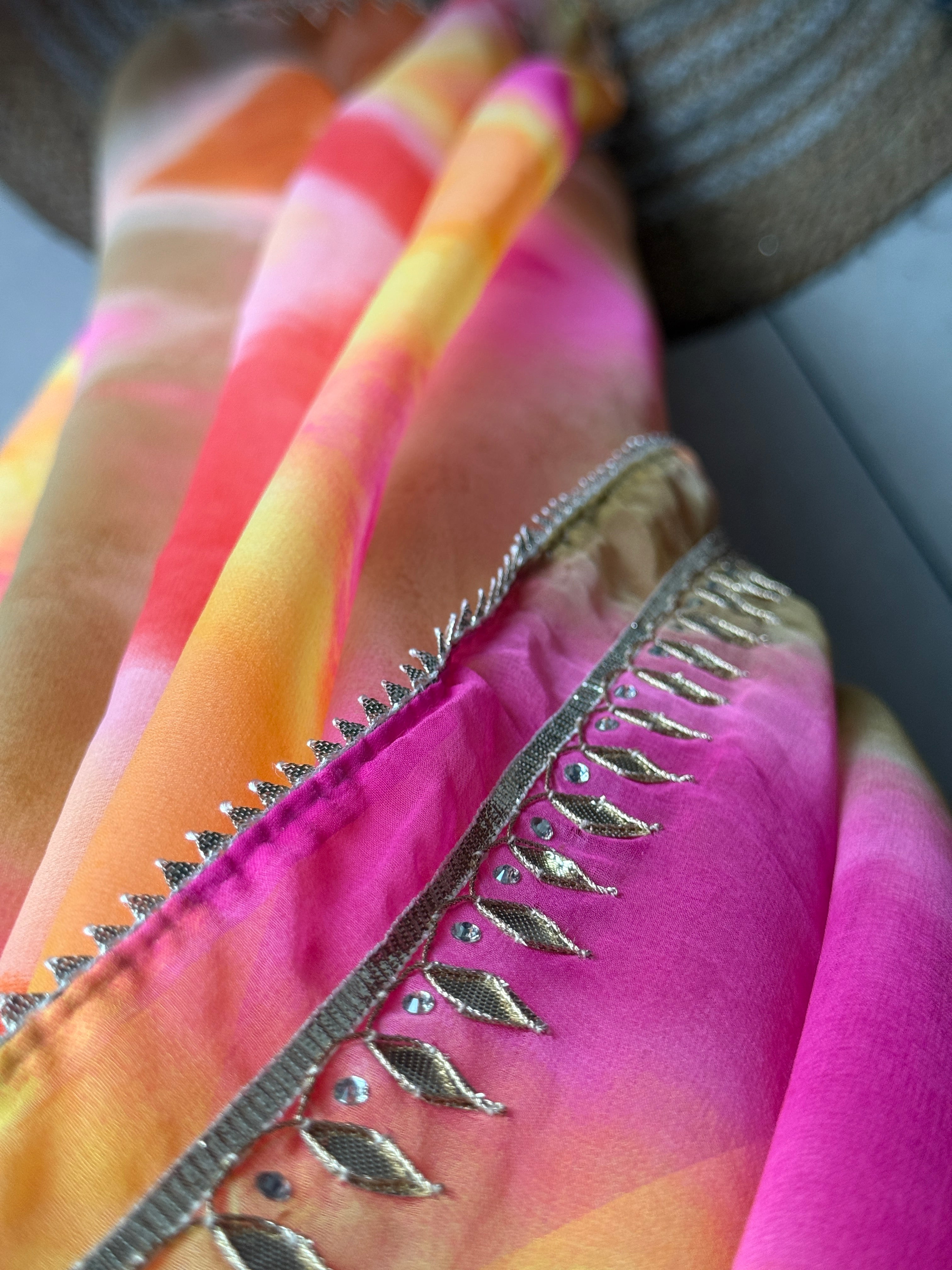 Multi Leheriya Chiffon Leheriya Saree|  Handwork Gota patti work| With blouse