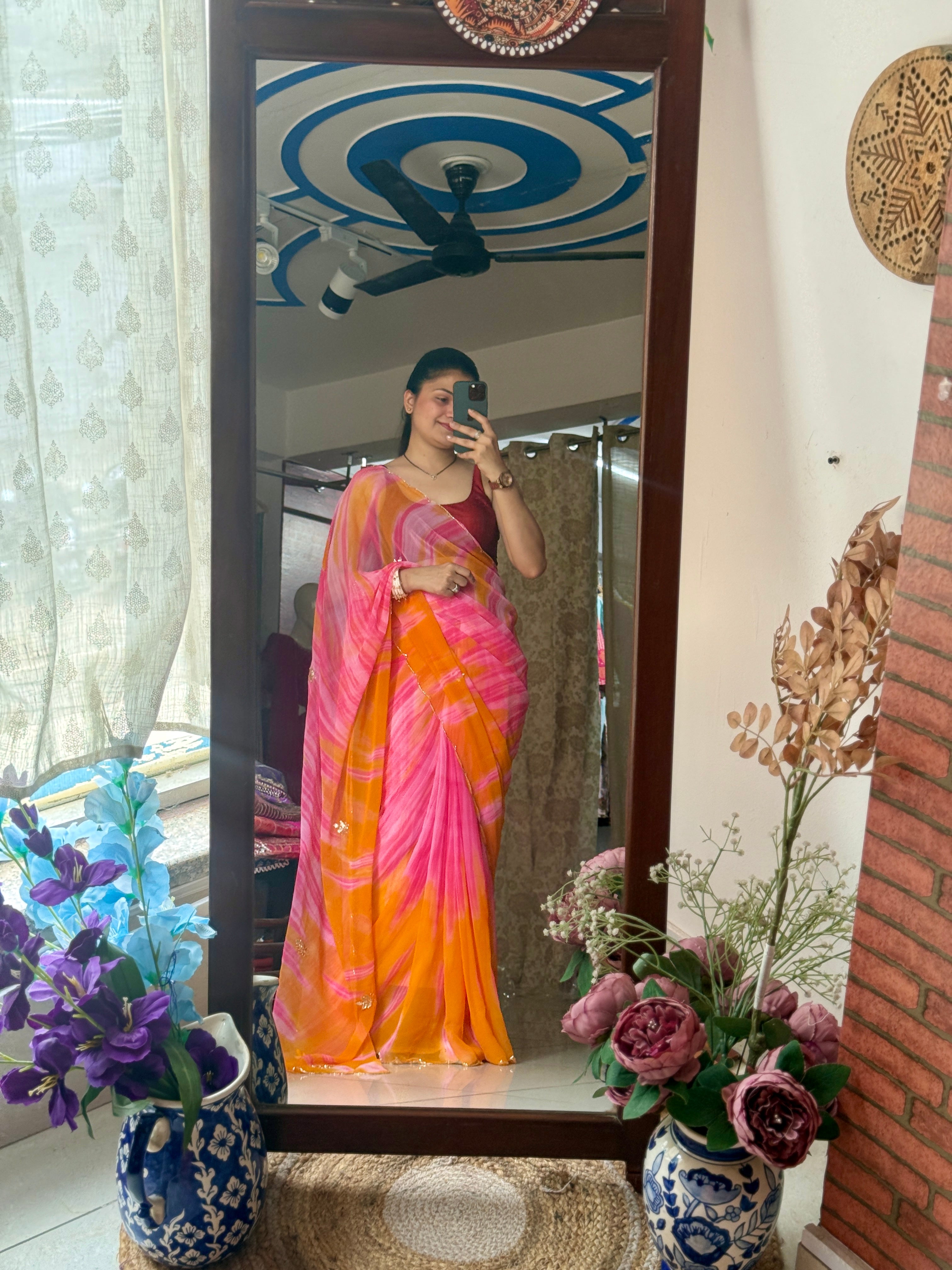 Dual Leheriya |Pure Georgette Digital Printed Saree| Handwork cutdana detailing| Without blouse