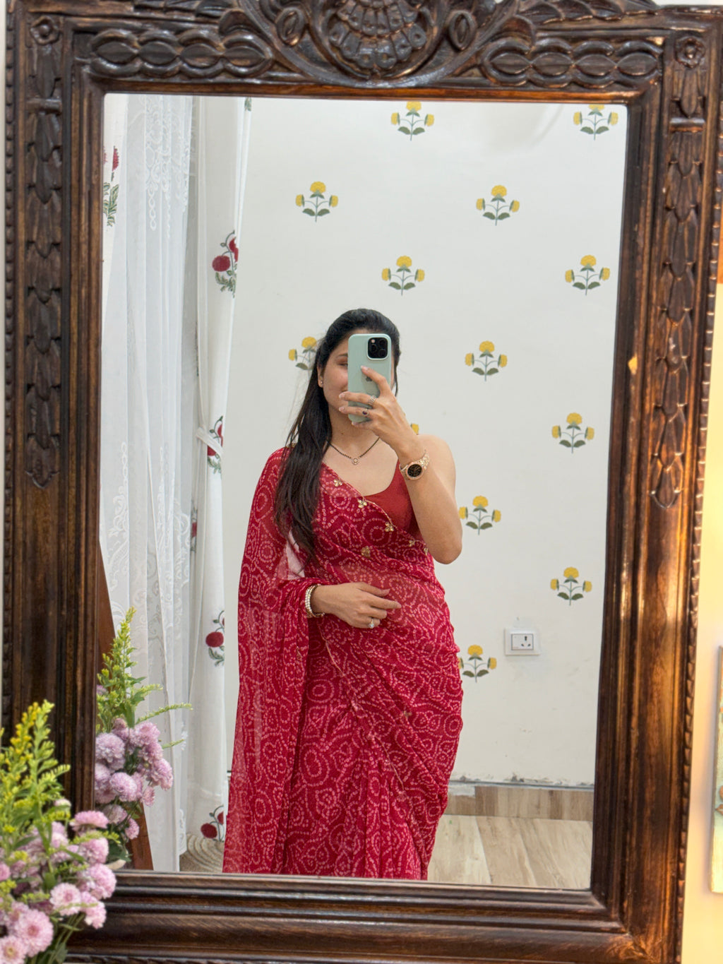 Crimson Red Leheriya  |Pure Georgette Digital Printed Saree| Handwork cutdana detailing| Without blouse