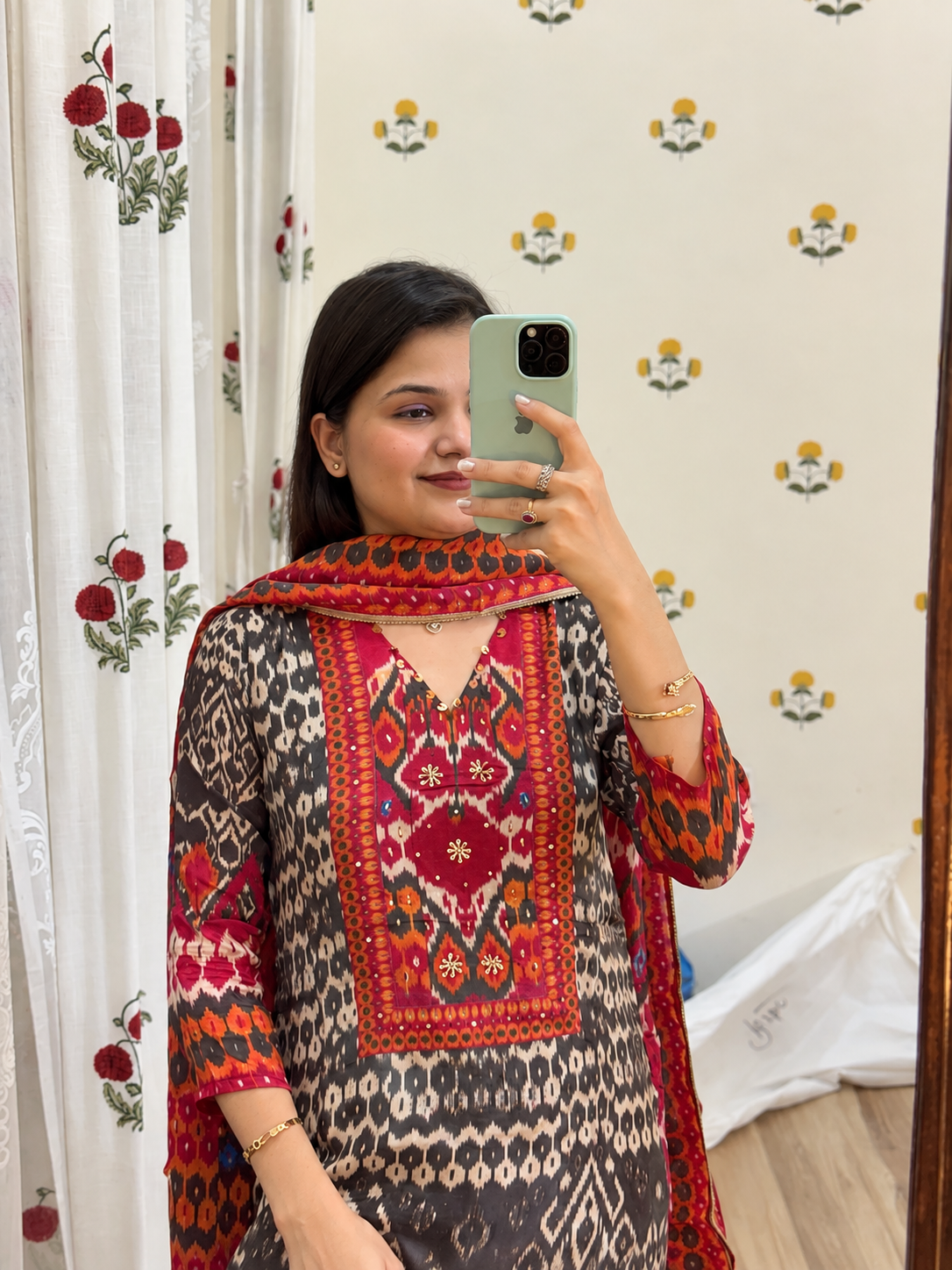 Ikat Print Muslin Suit| Cotton lining| Hand Embroidered| Comfy Partywear Suit