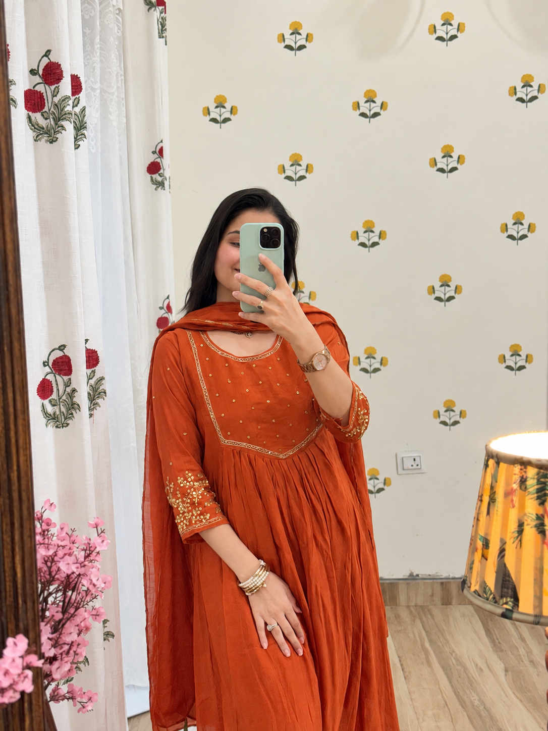Rust Orange Mul Chanderi Suit | With cotton lining| Hand Embroidered