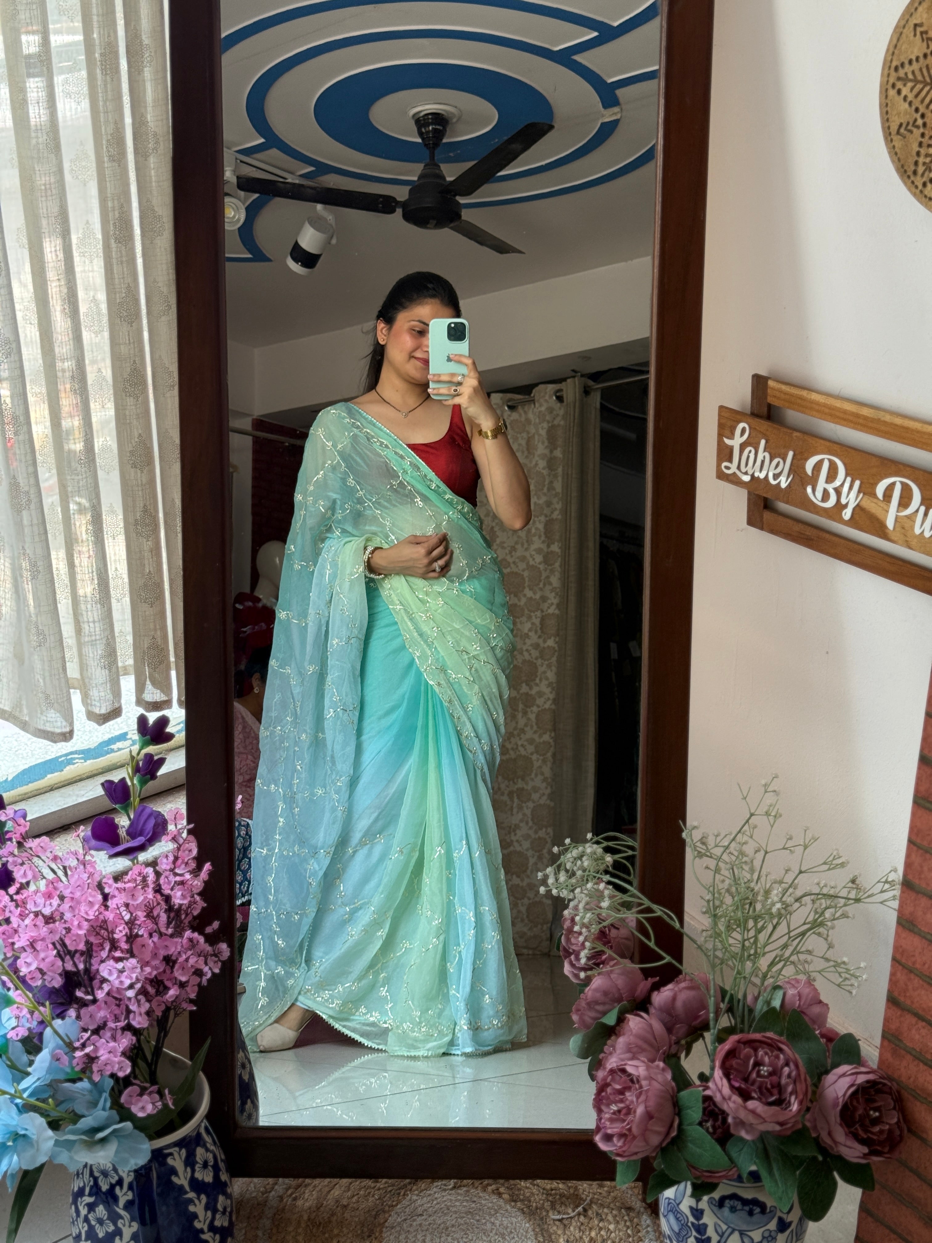 Aqua Blue Georgette Saree| Gotta Patti work| With blouse