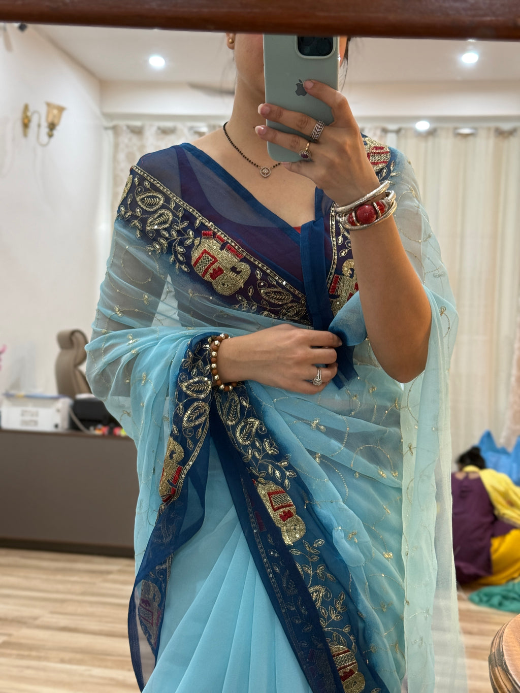 Dual Blue Zari Embroidered| Georgette Sarees| Without Blouse
