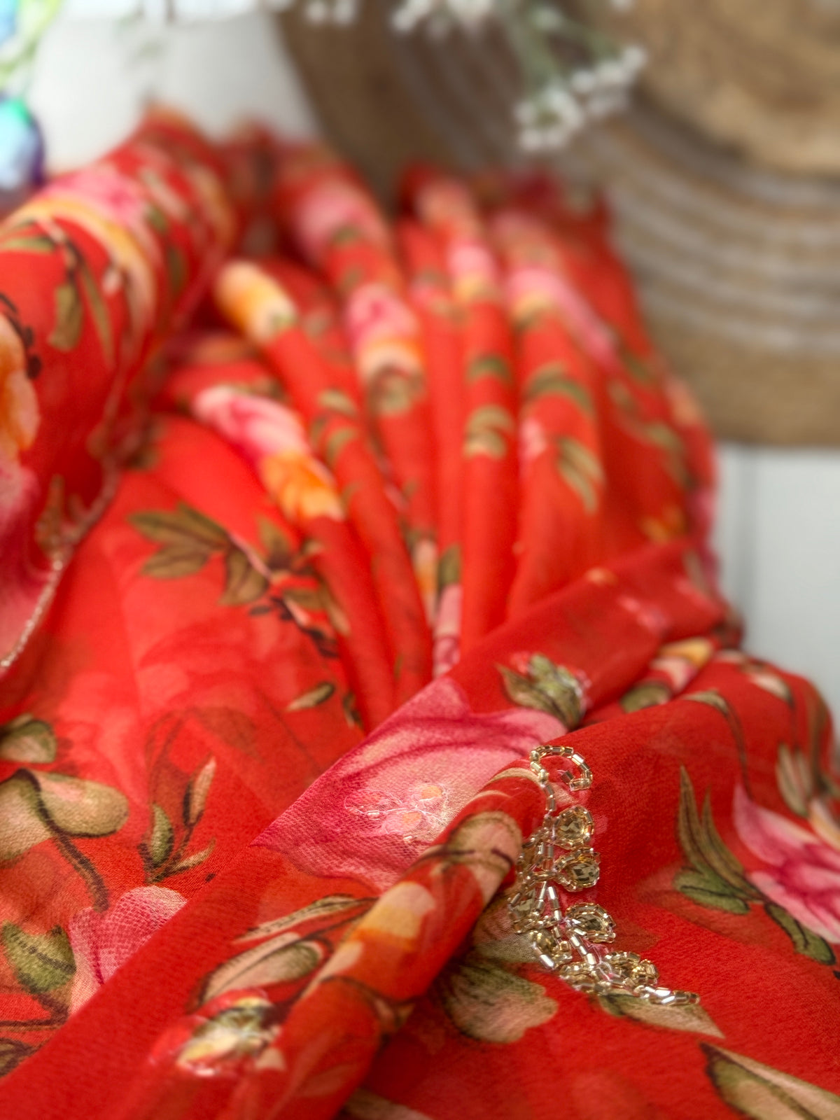 Rust Orange Pure Georgette Handblock Digital Printed Saree| Handwork cutdana detailing| Without blouse