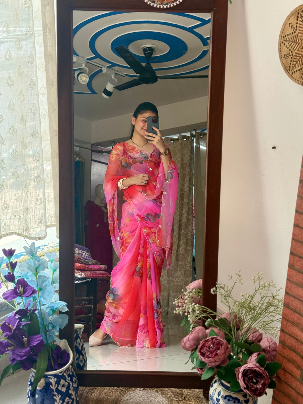Princess Pink |Pure Georgette Digital Printed Saree| Handwork cutdana detailing| Without blouse