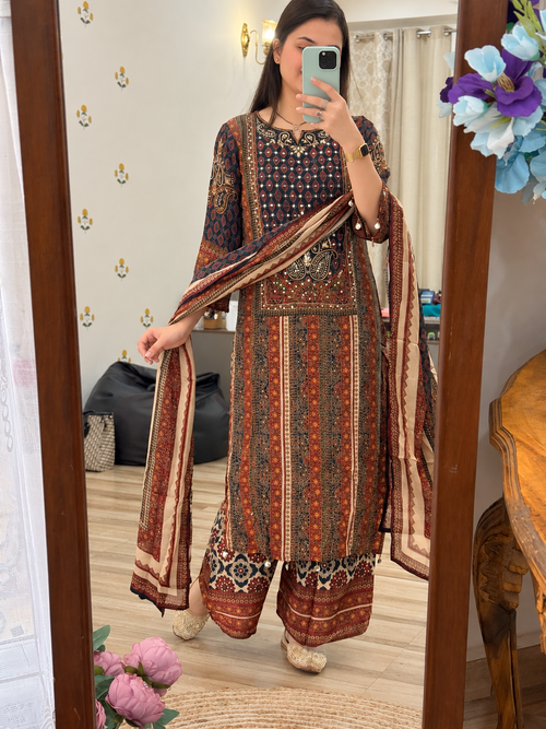 Ajrakh Printed Suit Set with Hand Embroidery | Cotton Lining| Chinon Duppata | Pure Crepe