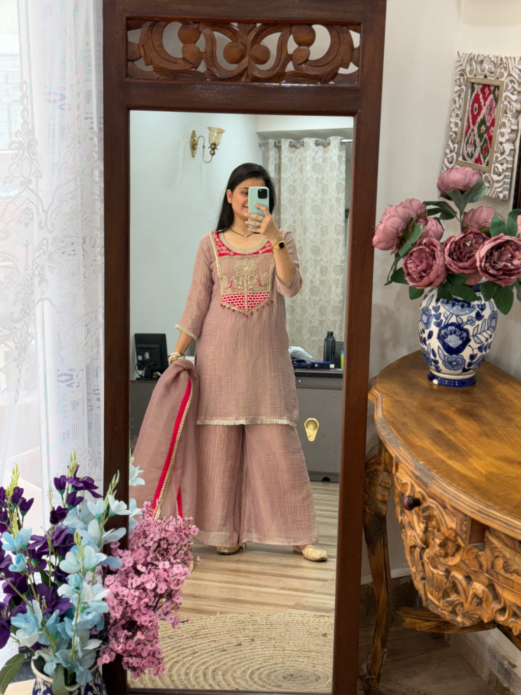 Pastel Pink Crushed Tissue Suit Set| Embroidered |With lining in top & bottom| beautiful Duppata