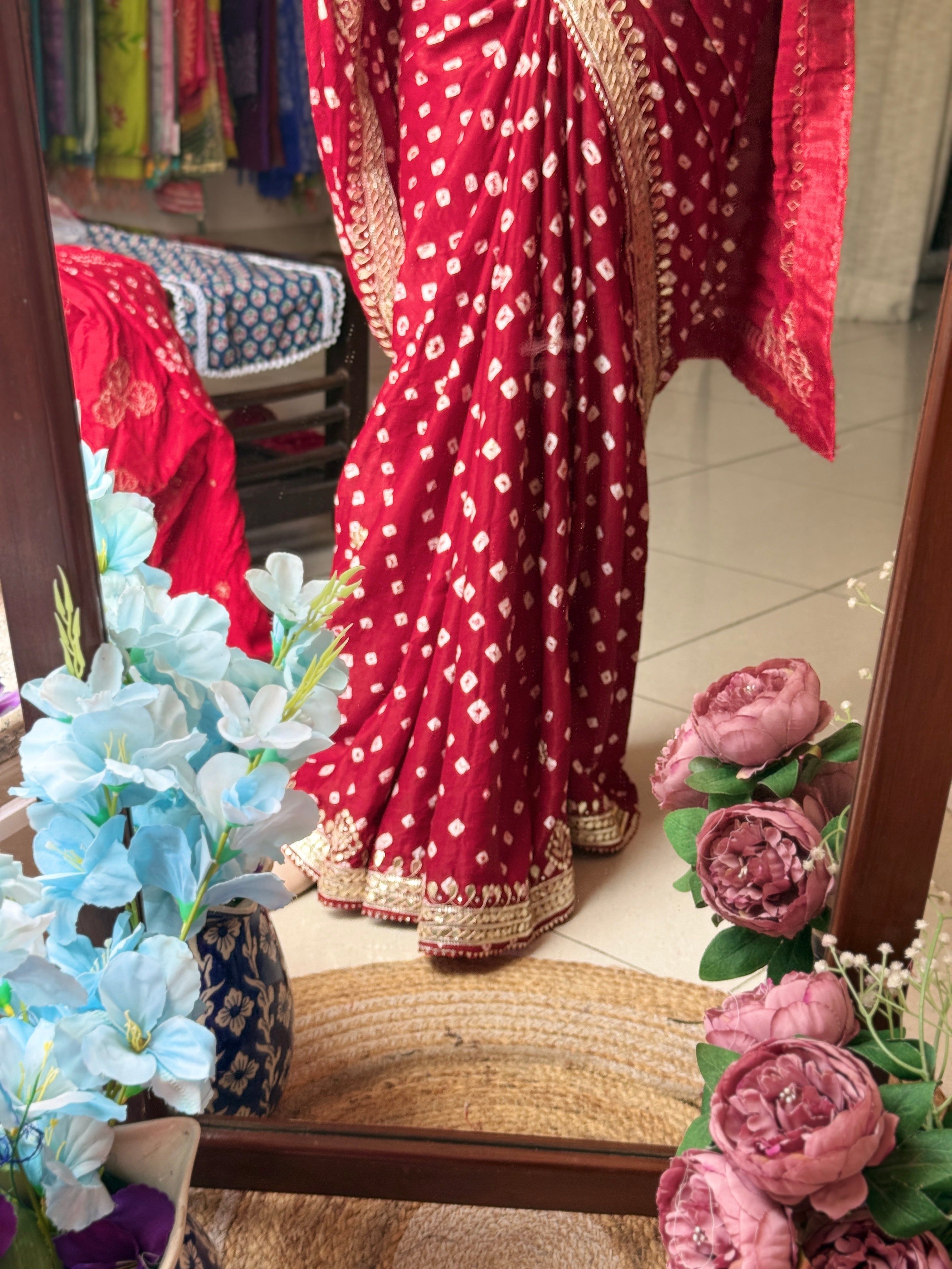 Maroon Pure Gaji Silk Bandhani Saree with Gotta Patti Handwork|Comes with blouse | Premium Handwork Saree