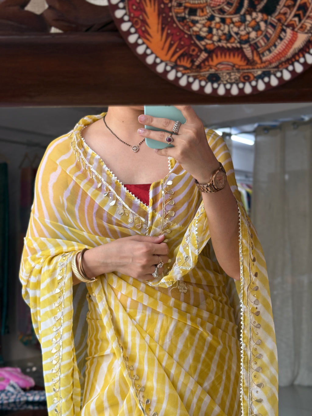 Lime Yellow Chiffon Leheriya Saree|  Handwork Gota patti work| With blouse