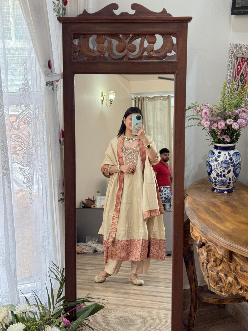 Tissue Shimmer Embroidered Anarkali Suit| with lining| Banarsi Border| Hand Embroidered