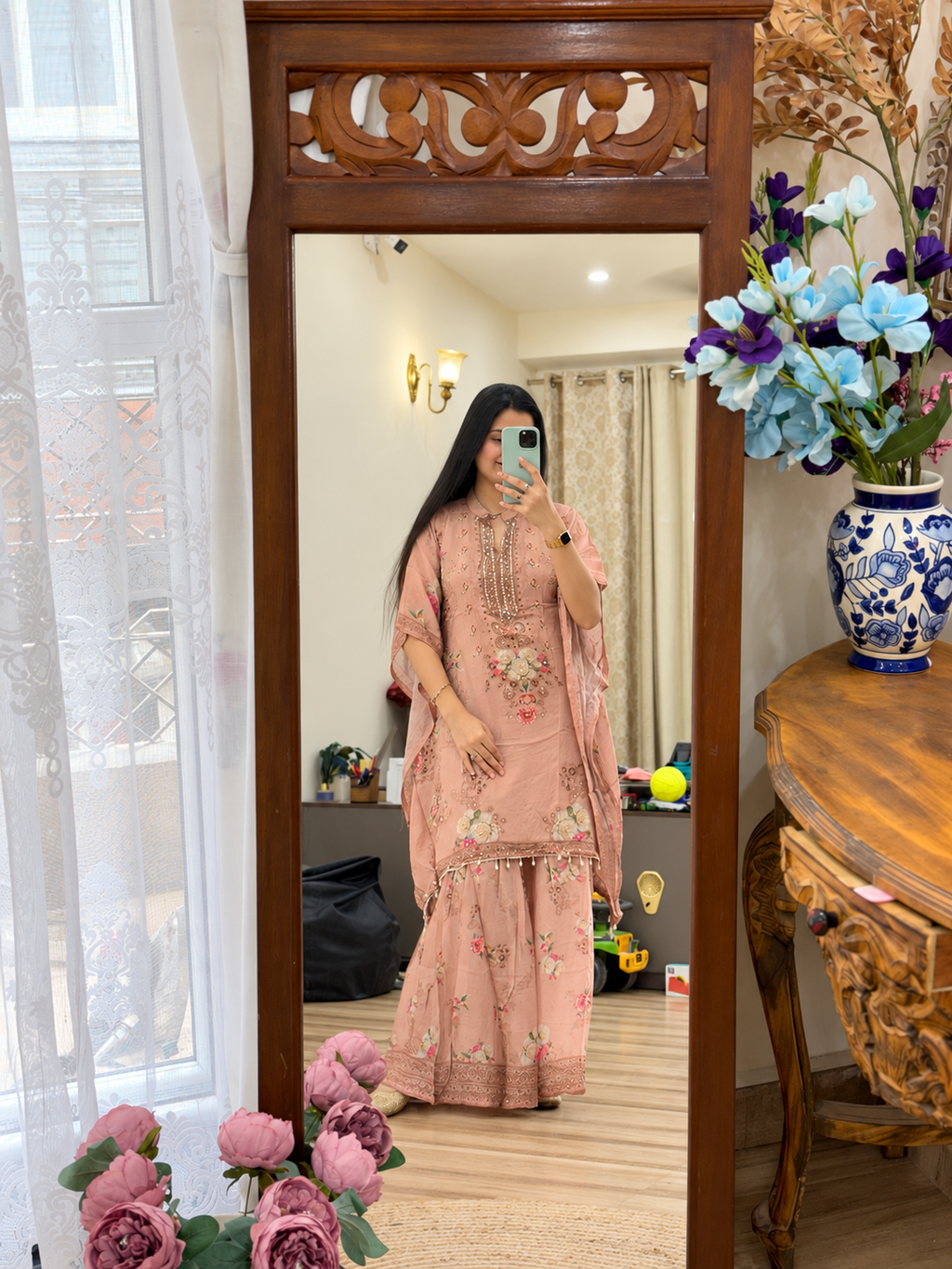 Premium Chinon Partywear Kaftan Set| With inner top | Real mirror work| Sharara bottom