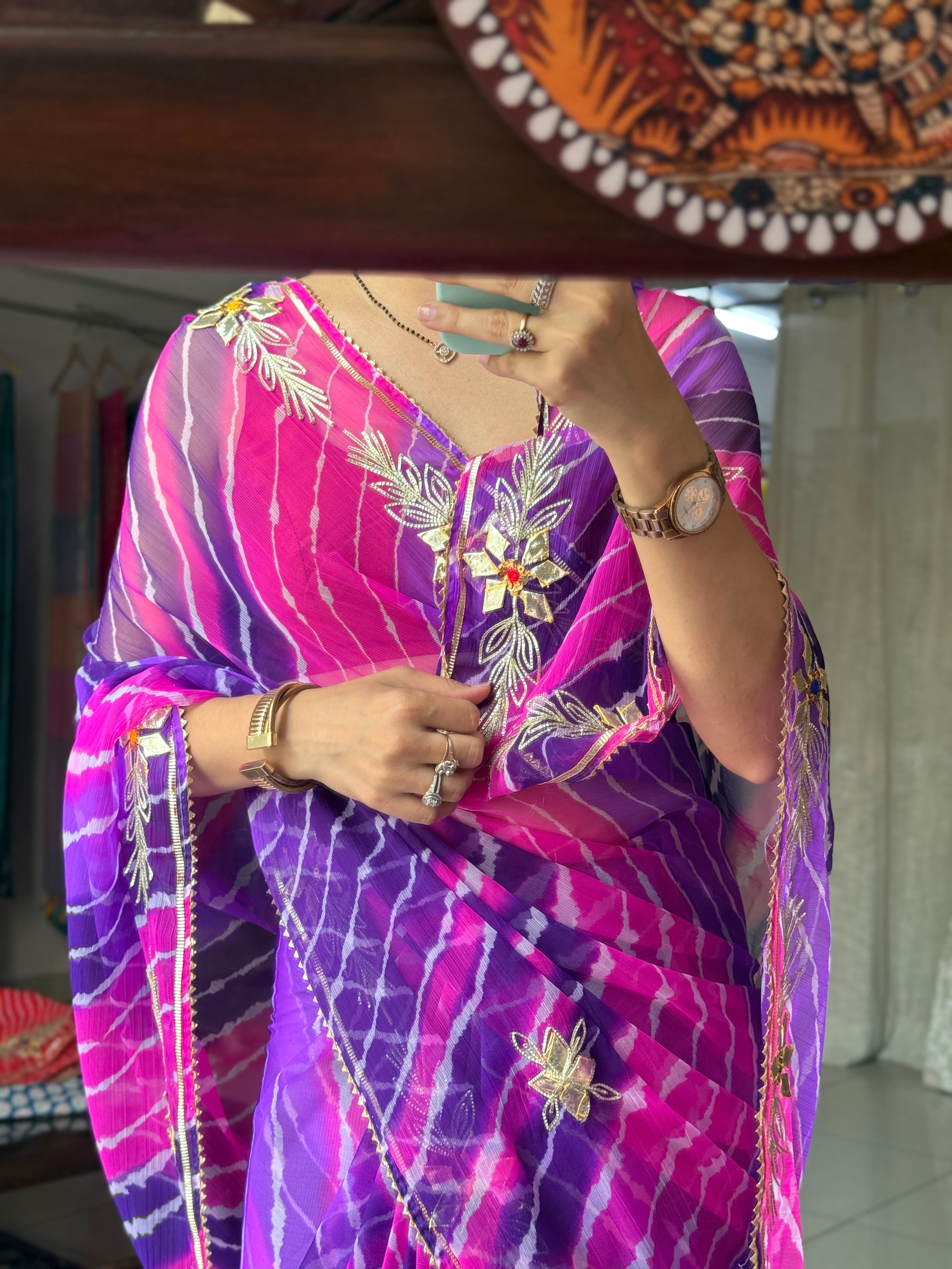 Purple Pink Leheriya|Kaccha Gota work| With blouse| Chiffon