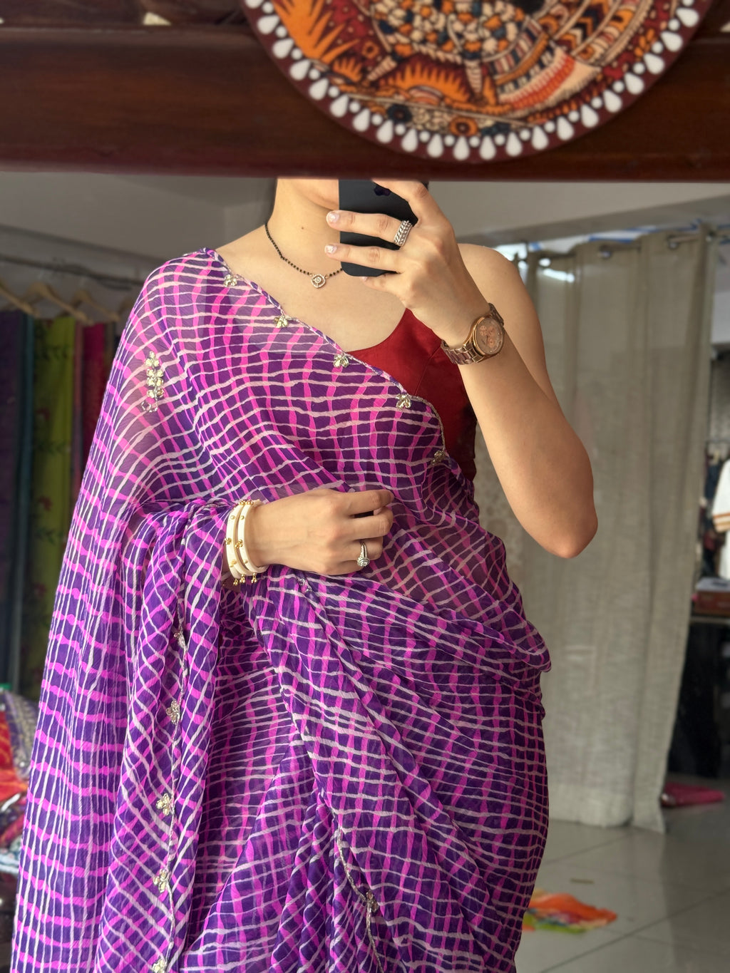 Purple Leheriya Pure Georgette Digital Printed Saree| Handwork cutdana detailing| Without blouse