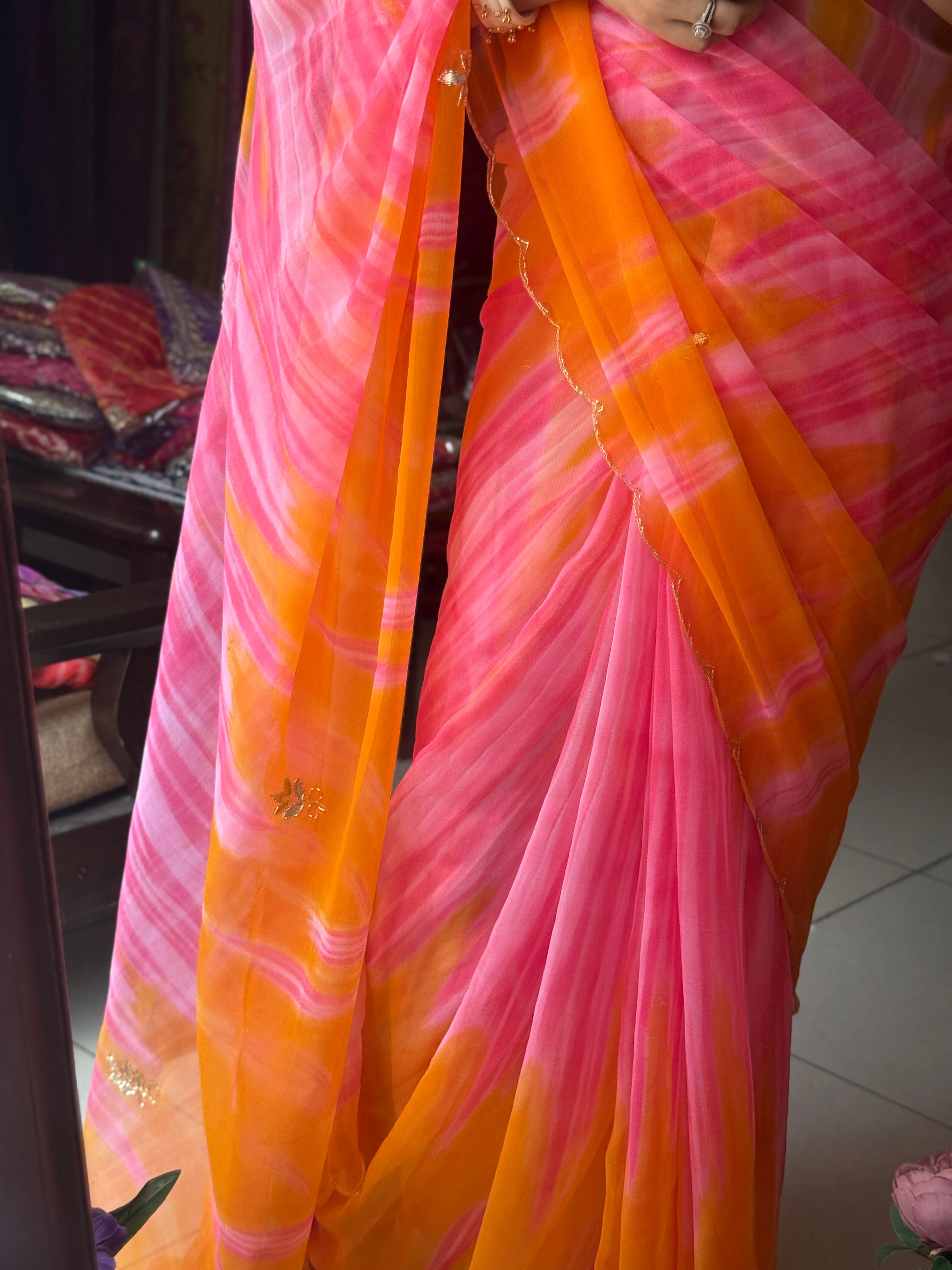 Dual Leheriya |Pure Georgette Digital Printed Saree| Handwork cutdana detailing| Without blouse