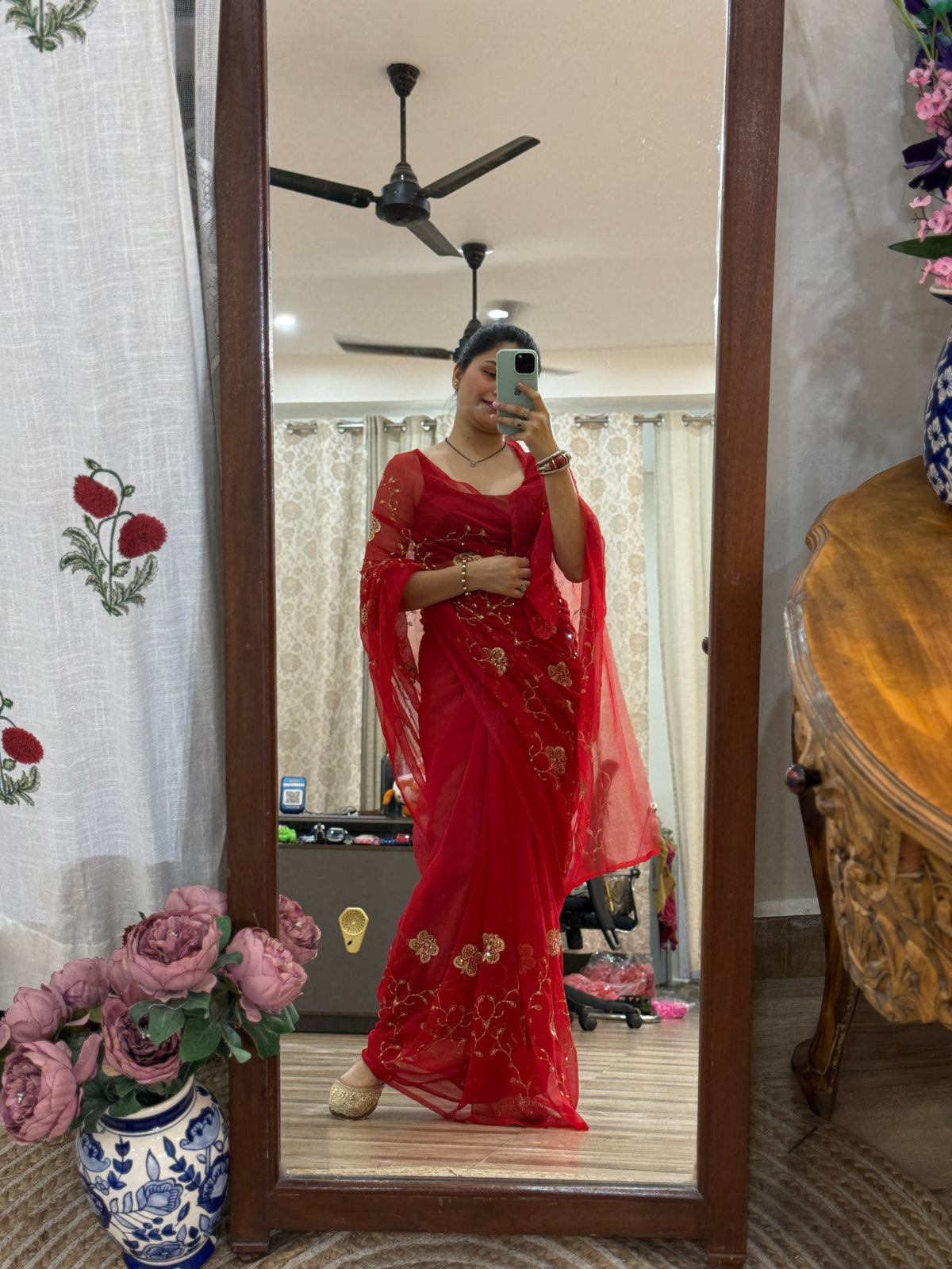 Red Zari Embroidered| Georgette Sarees| Without Blouse