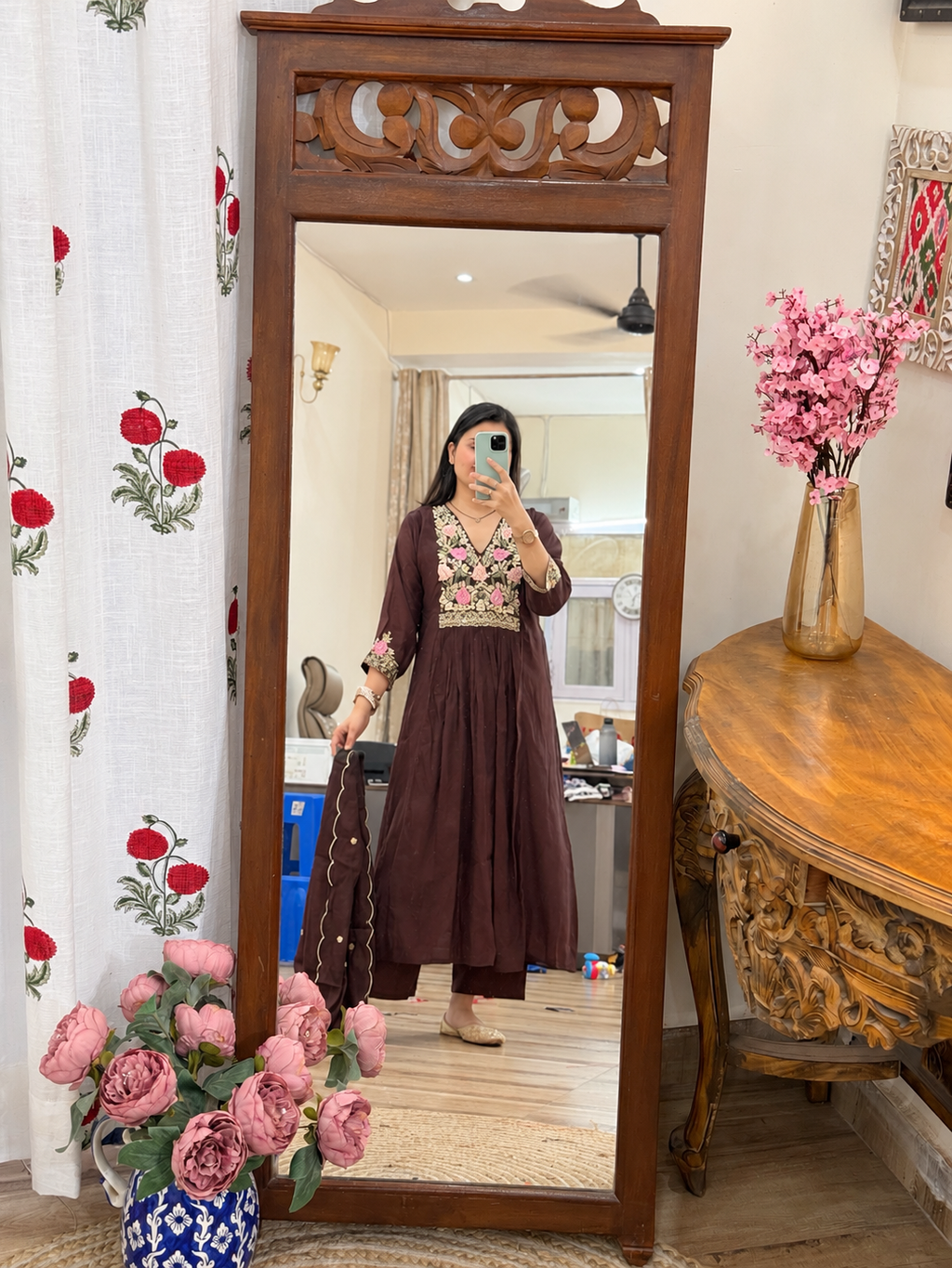 Brown Mul Chanderi Suit | With cotton lining| With Embroidered Duppata