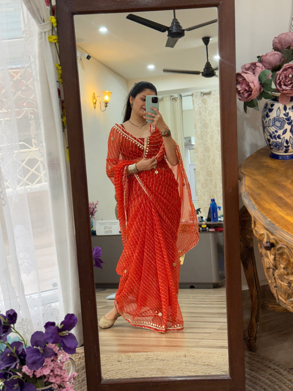 Orange Leheriya Georgette Leheriya Saree|  Handwork Gota patti work| With blouse