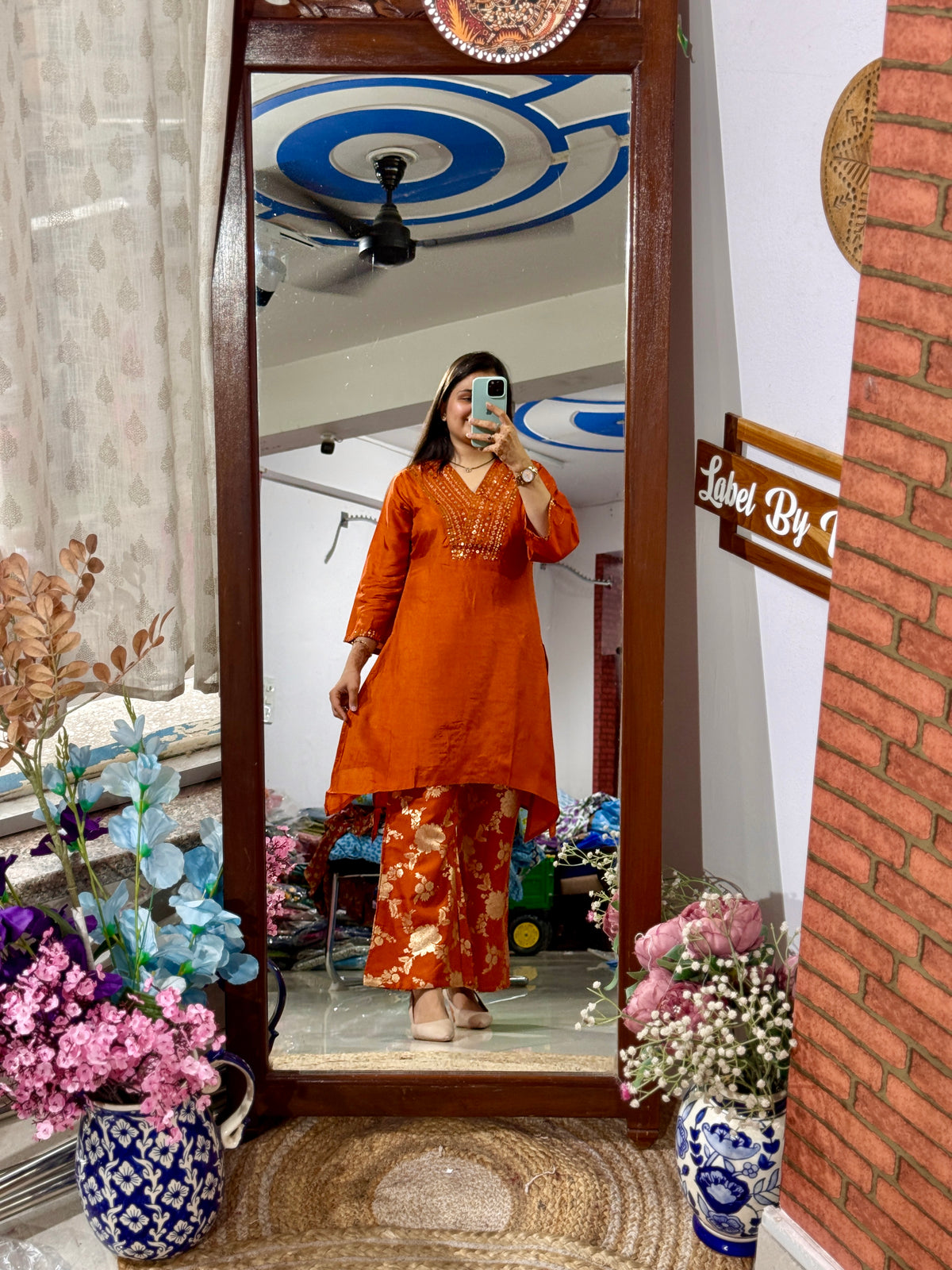 Orange Co Ord Set| Dola Silk | Cotton lining in top + bottom | soft Brocade Silk Pants