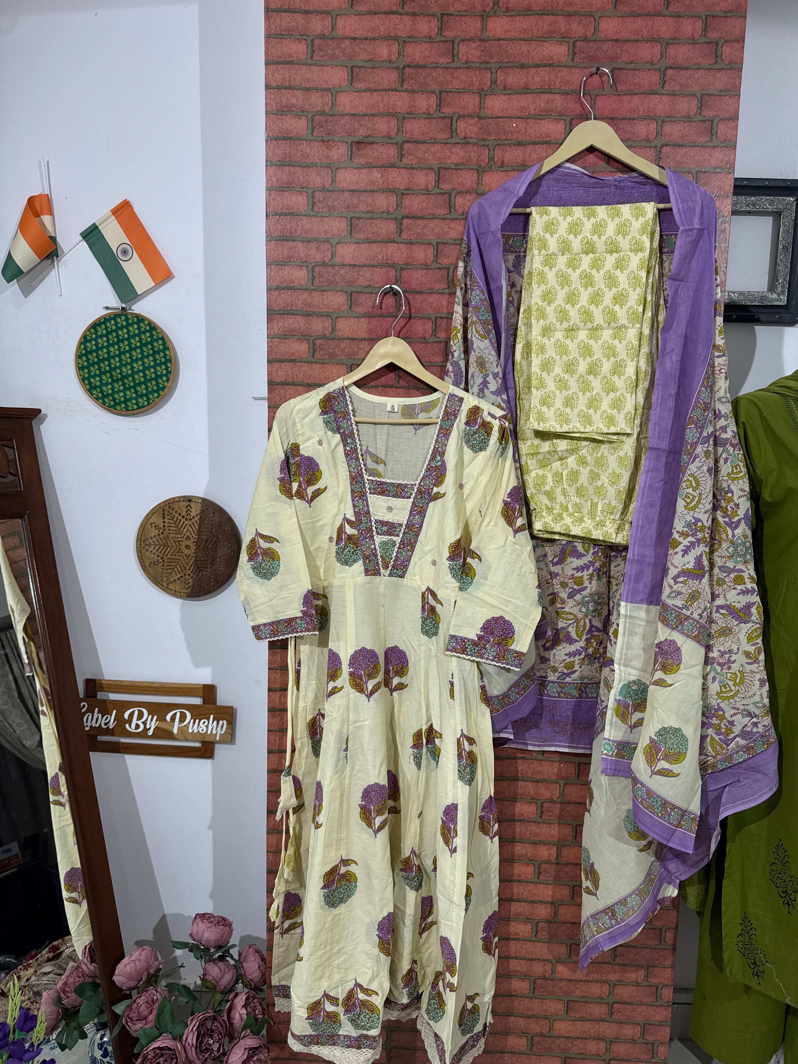 Creme Anarkali Set | cotton| Beautiful Print