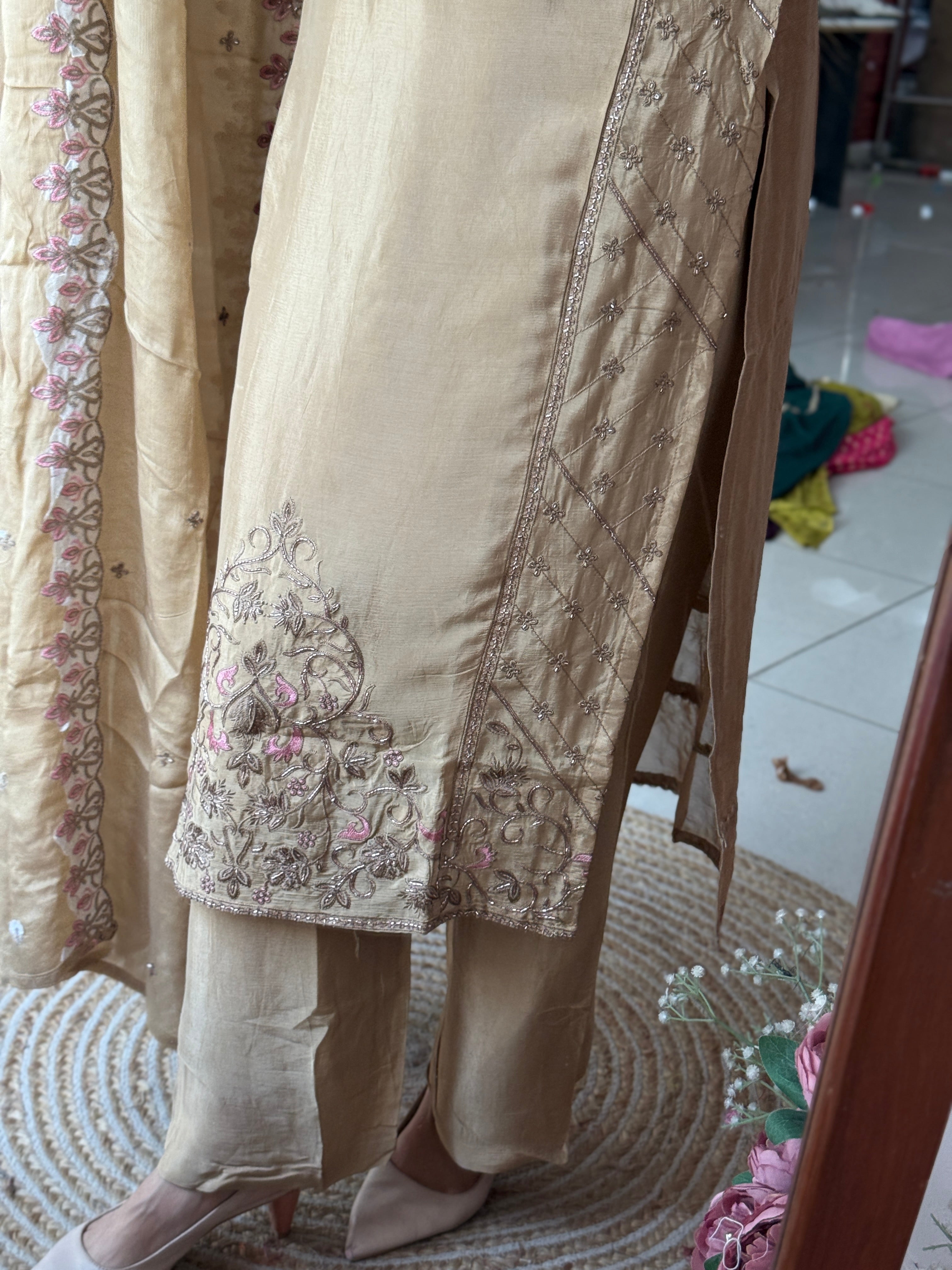 Golden Bliss Suit Set with Hand Embroidered| Cotton Lining in top and bottom| Duppata with embroidery | Pure Chinon