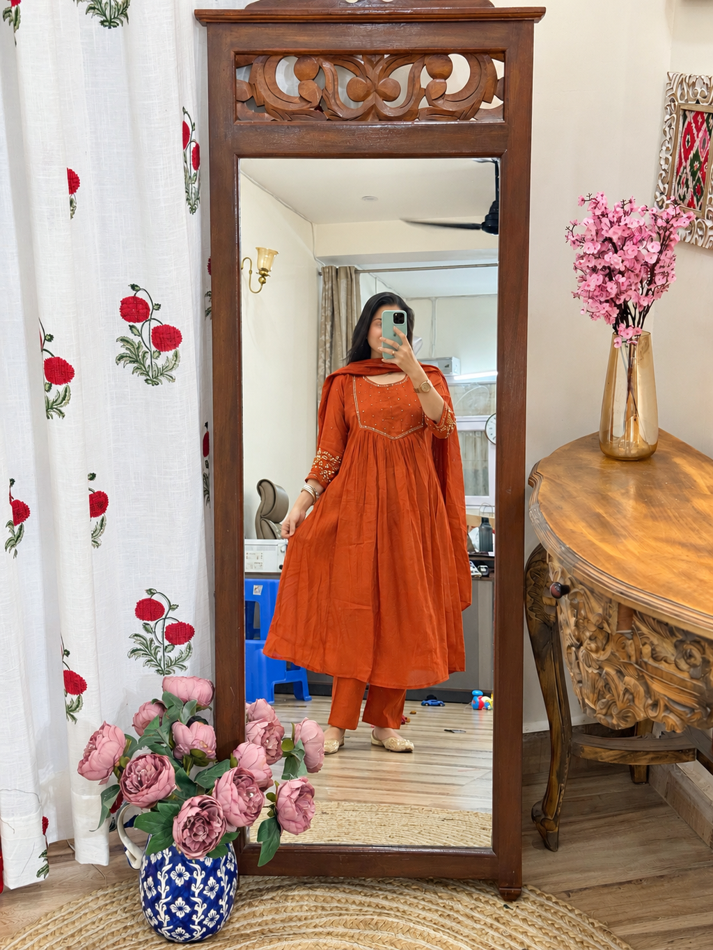 Rust Orange Mul Chanderi Suit | With cotton lining| Hand Embroidered