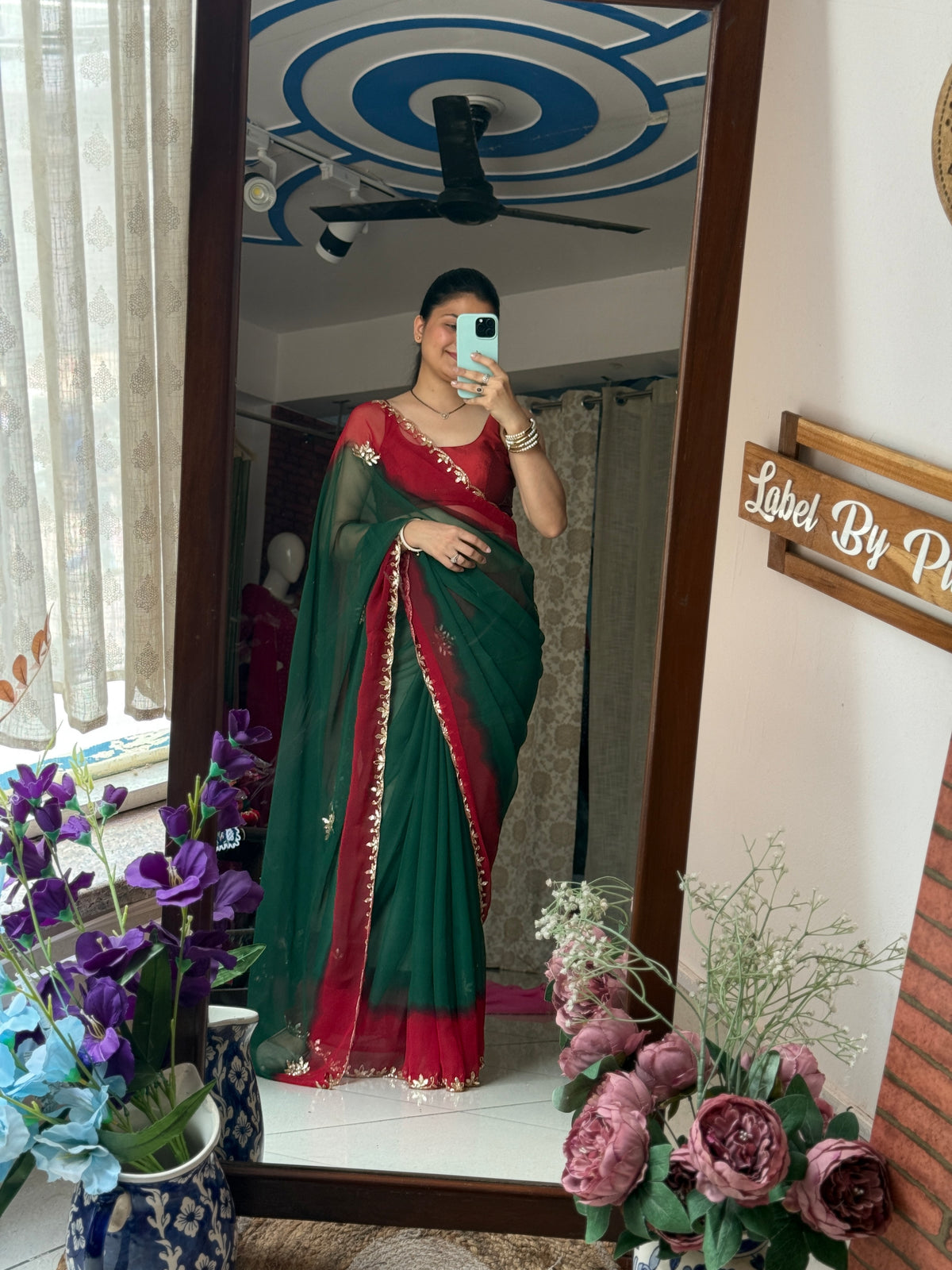 Dual tone  Pure Georgette Saree| Handwork cutdana detailing| With blouse