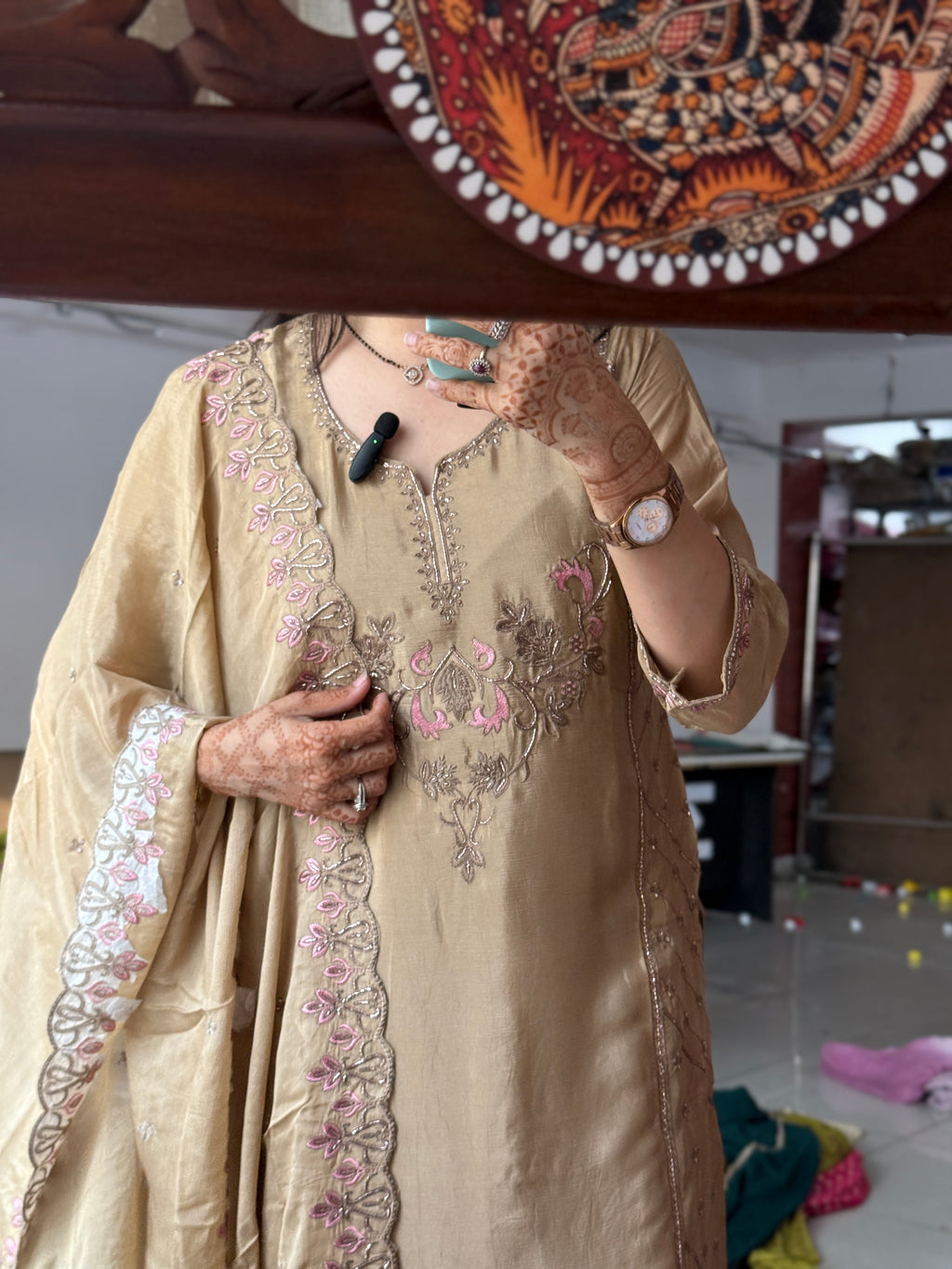 Golden Bliss Suit Set with Hand Embroidered| Cotton Lining in top and bottom| Duppata with embroidery | Pure Chinon