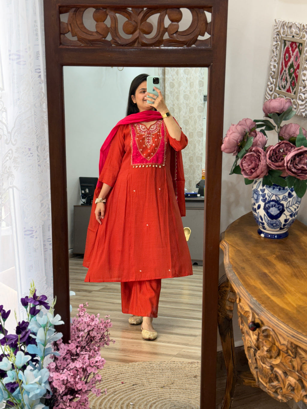 Viral Pink Orange suit | With cotton lining| Embroidered| Dual tone Duppata| Cotton Silk