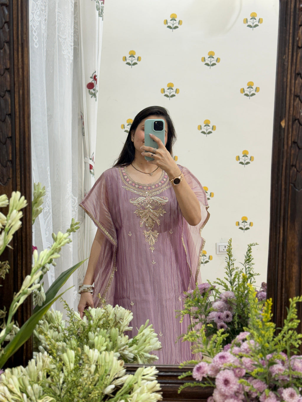 Designer Partywear Crushed Tissue Kaftan suit | With inner| Hand Embroidered