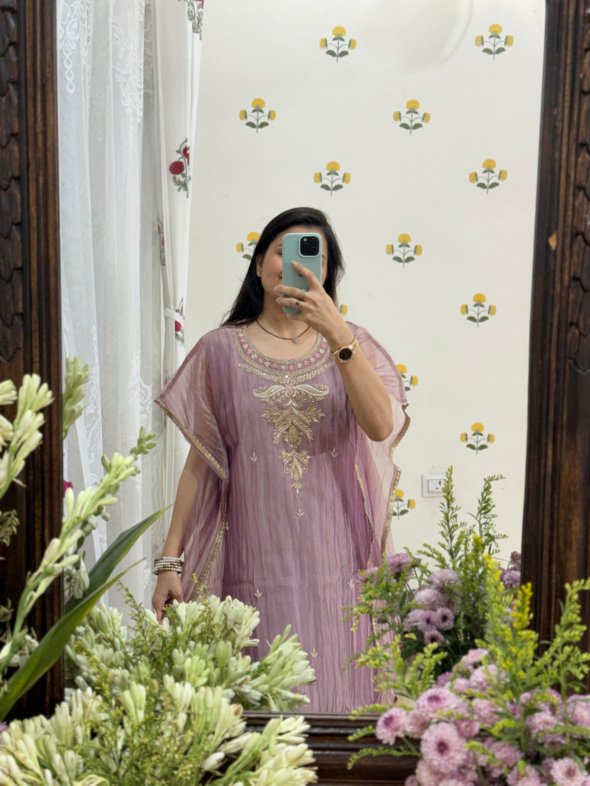 Designer Partywear Crushed Tissue Kaftan suit | With inner| Hand Embroidered