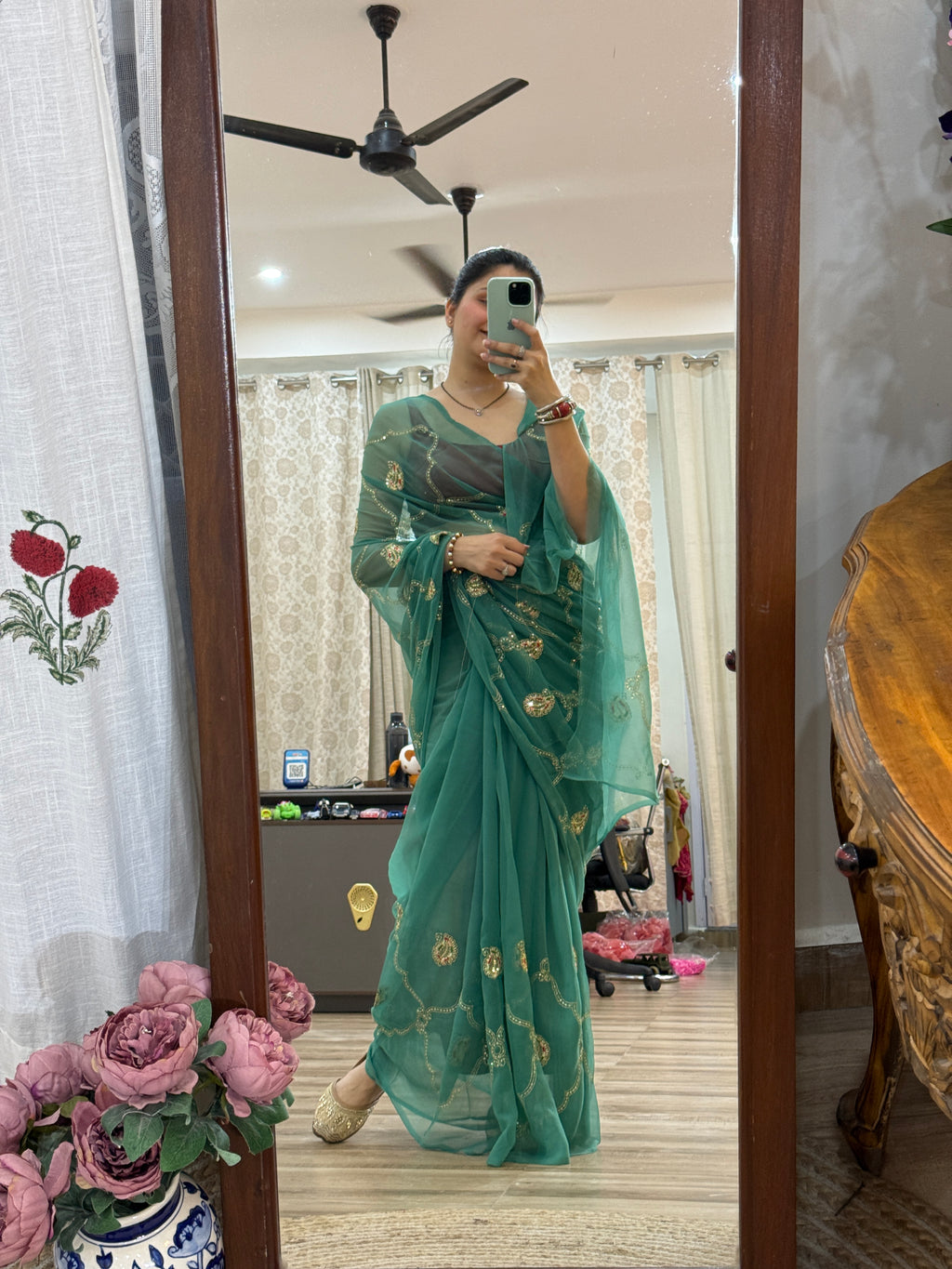 Sage Green Zari Embroidered| Georgette Sarees| Without Blouse