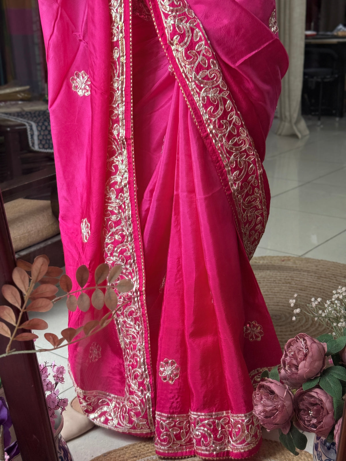 Pink Ombre Dola Silk Saree|Gota patti with sequin work| With embroidered blouse | Partywear