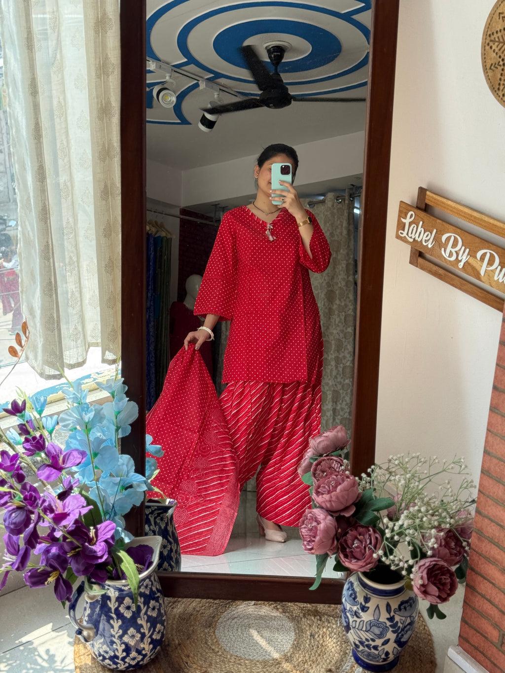 Red Farshi Salwar Set| Cotton | Leheriya Salwar| Cotton Duppata | Lacework