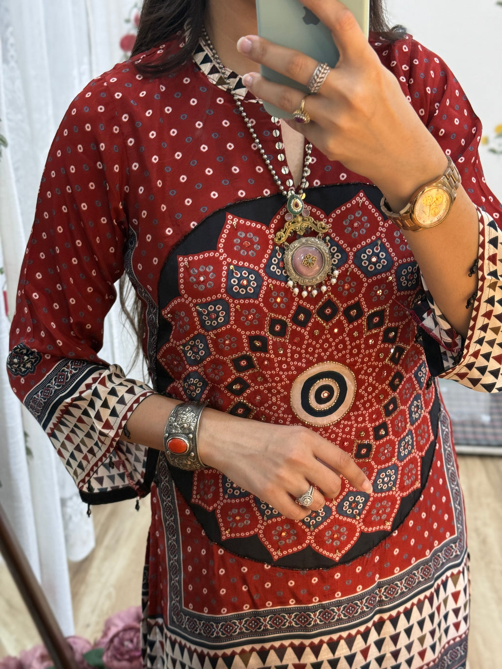 Ajrakh Hand Embroidered Co Ord Set| Crepe Fabric| With cotton lining in top + bottom