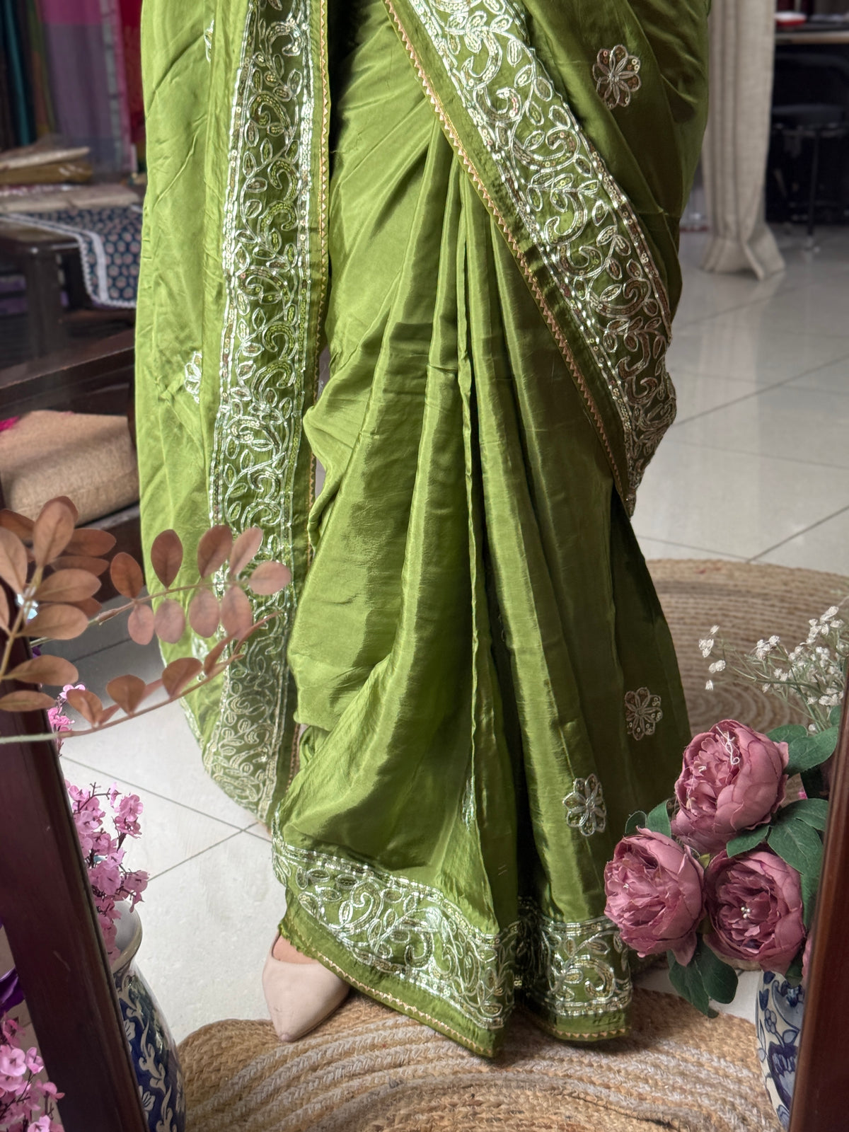 Green Dola Silk Saree|Gota patti with sequin work| With embroidered blouse | Partywear