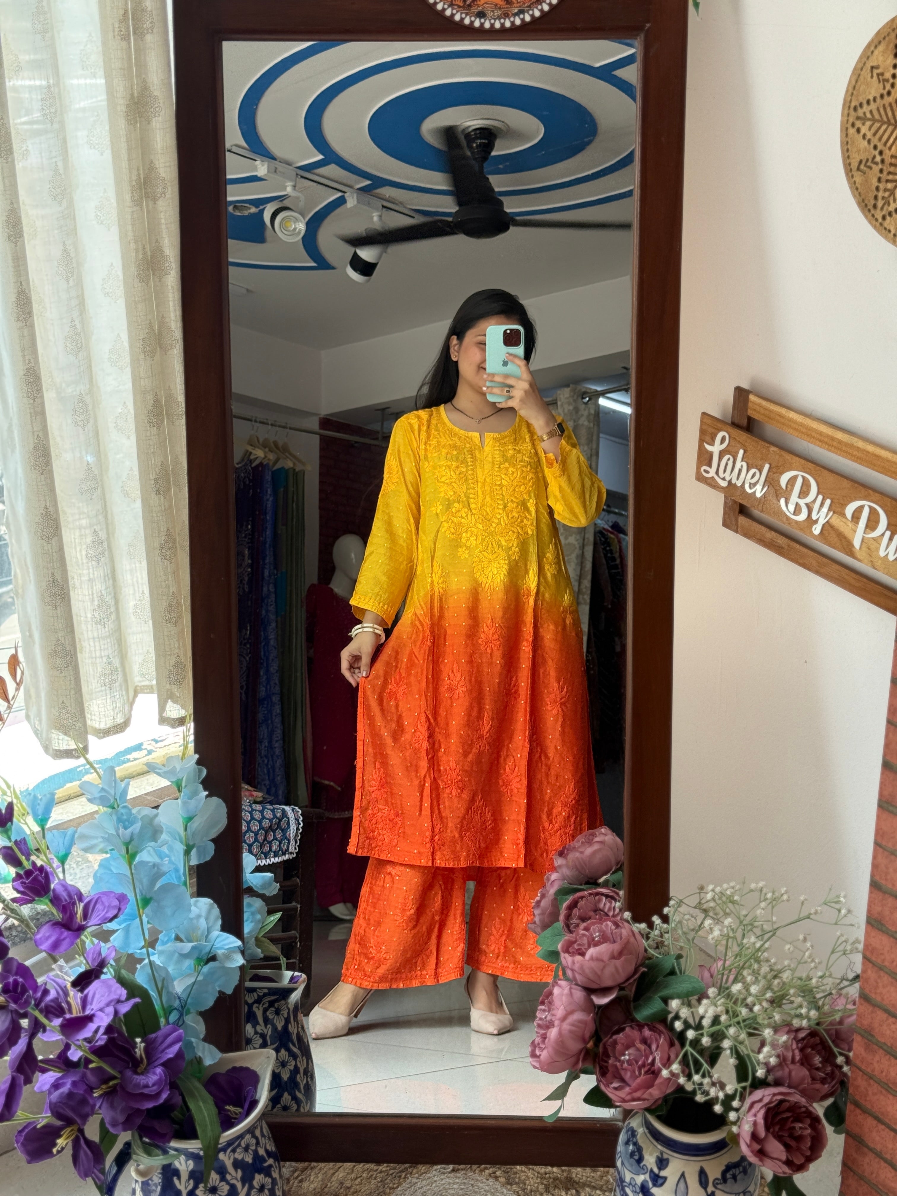 Orange Yellow Mul Chanderi | Chikankari Hand embroidery| cotton lining in bottom| Premium design