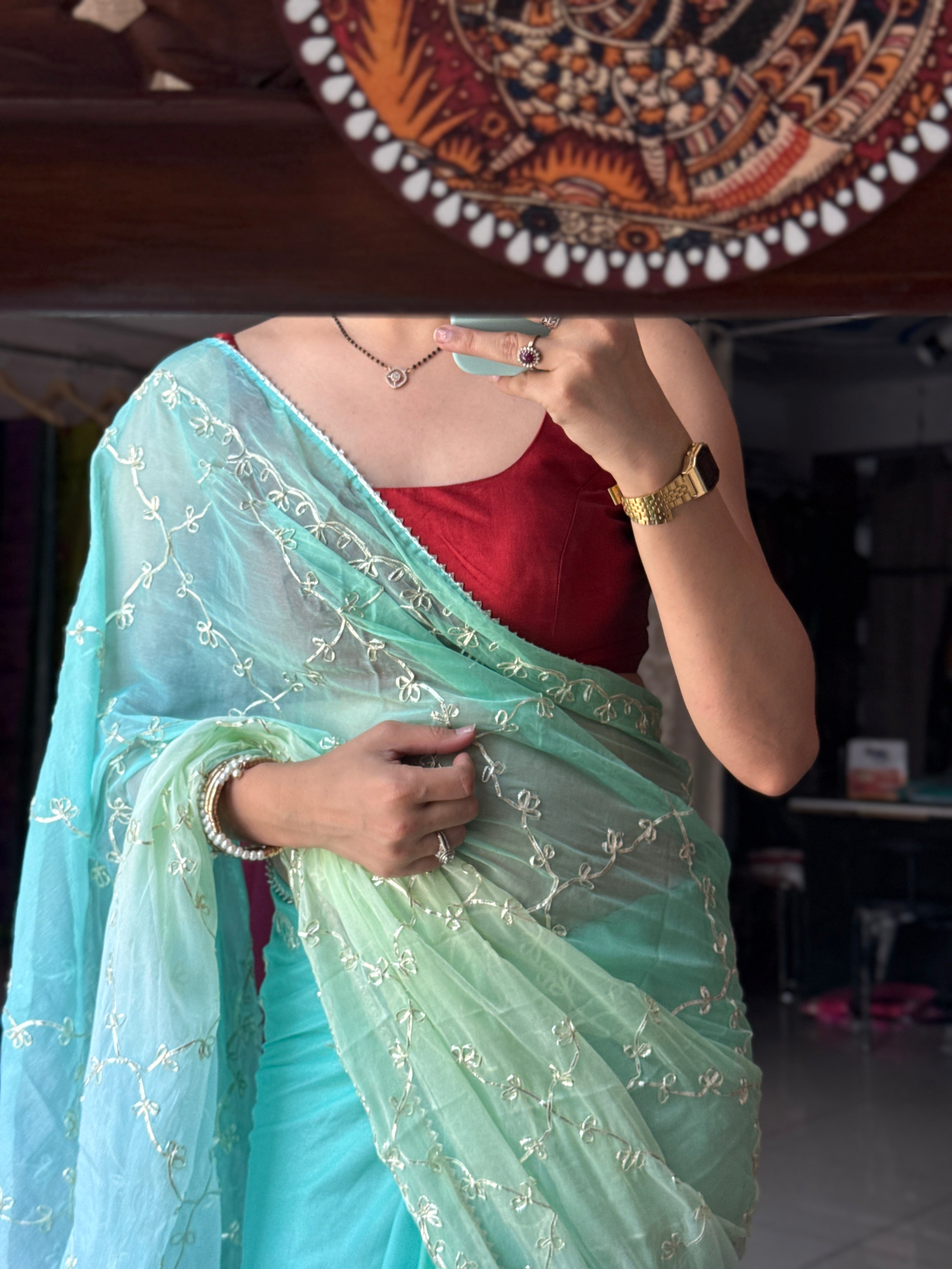 Aqua Blue Georgette Saree| Gotta Patti work| With blouse