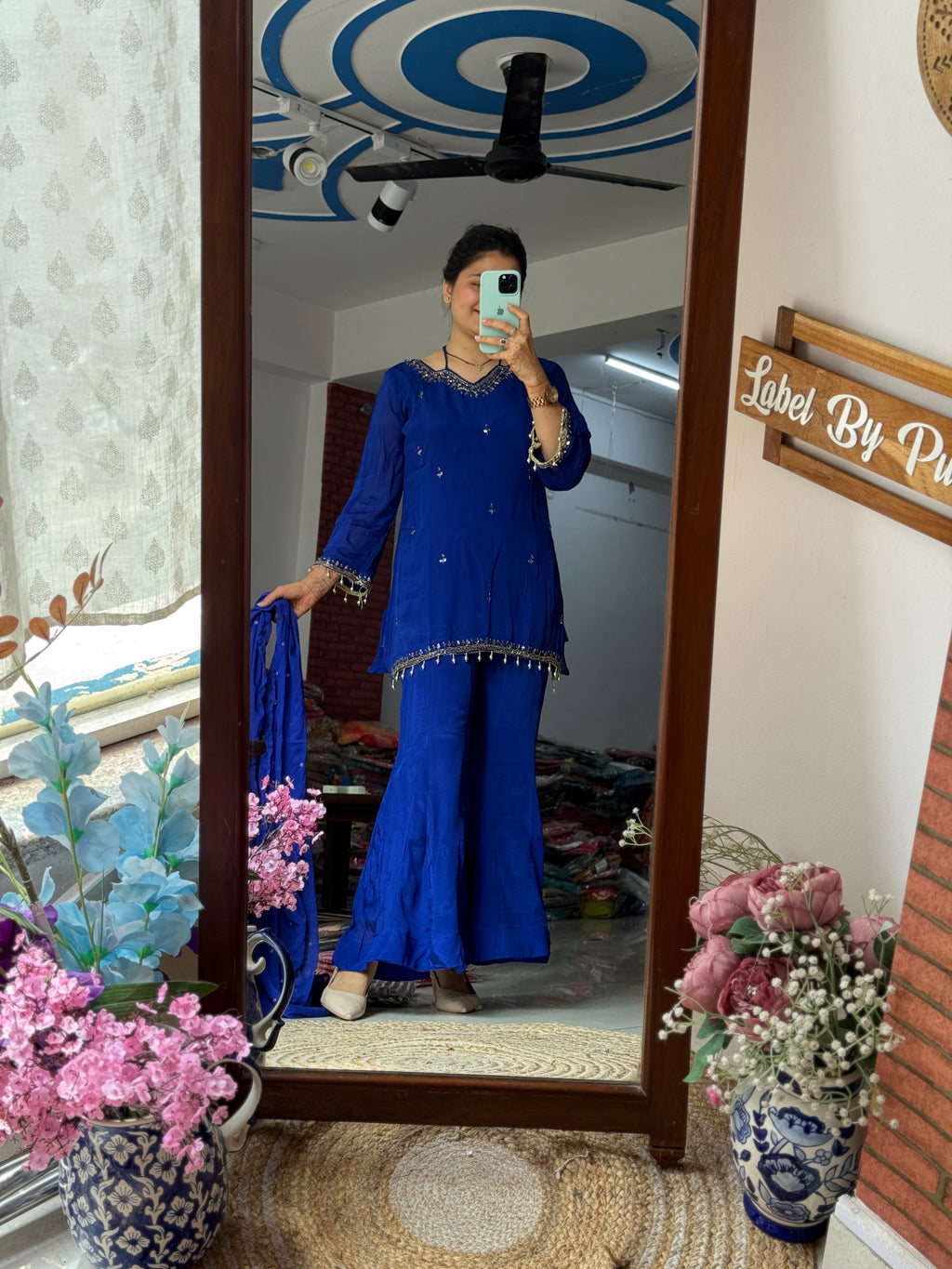 Blue Sharara Set| Chinon | lining in top + bottom | Hand Embroidered | Embroidered Duppata