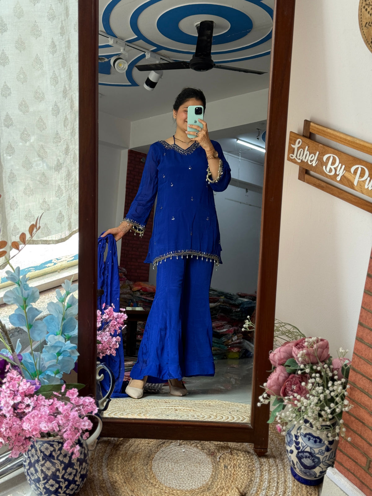 Blue Sharara Set| Chinon | lining in top + bottom | Hand Embroidered | Embroidered Duppata