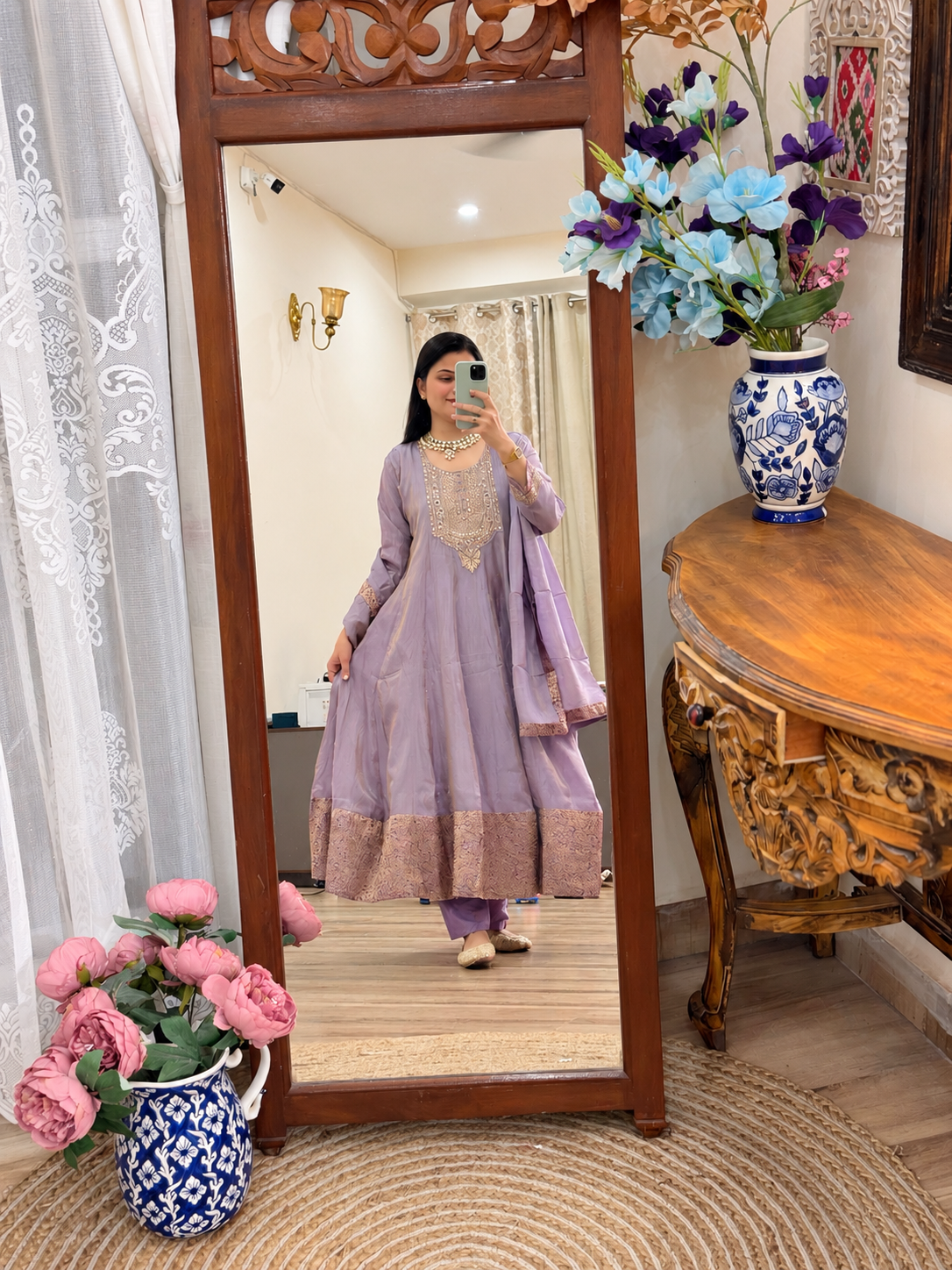 Tissue Shimmer Embroidered Anarkali Suit| with lining| Banarsi Border| Hand Embroidered