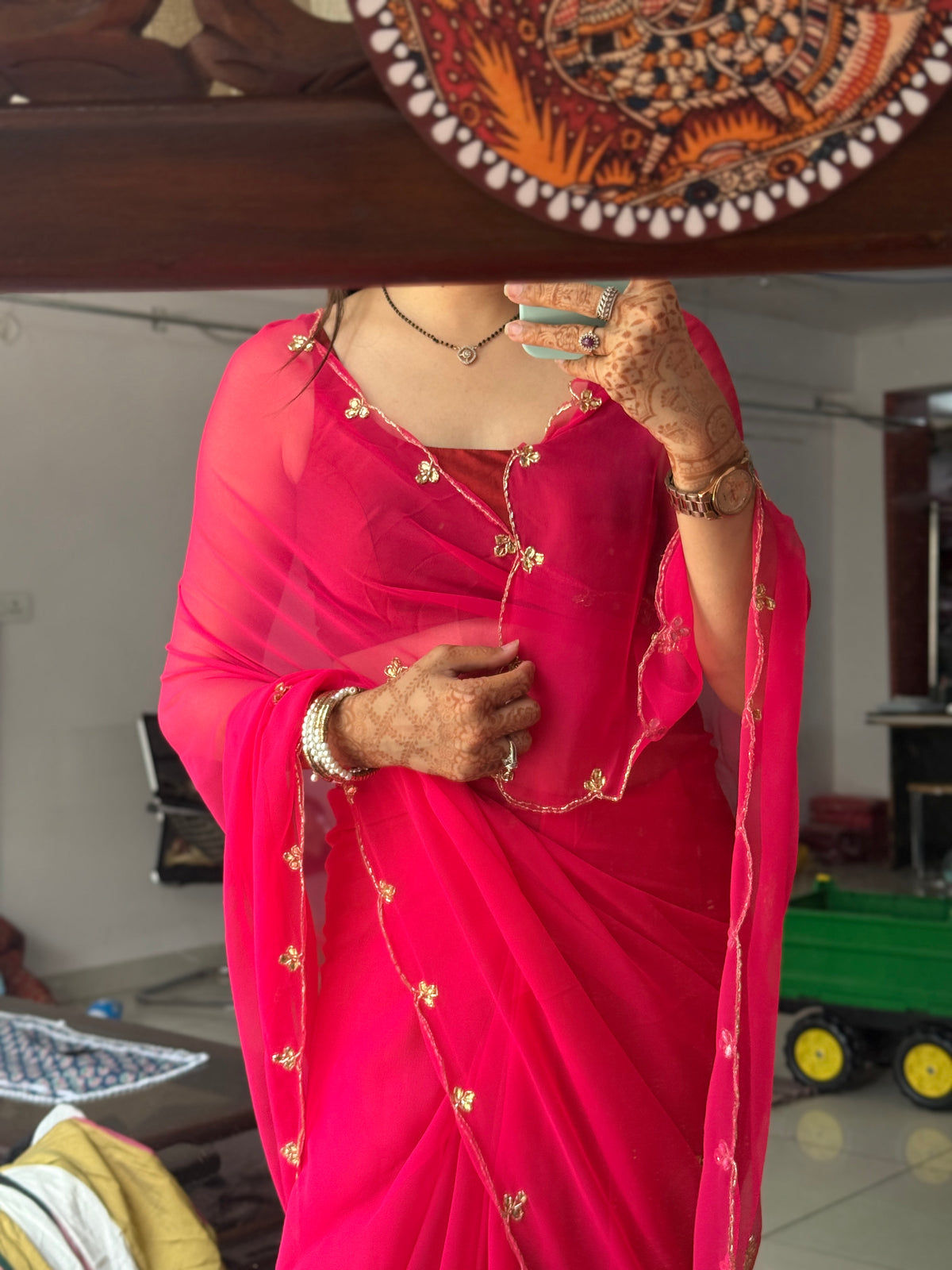 Rani Pink Pure Georgette Saree| Handwork cutdana detailing| With blouse